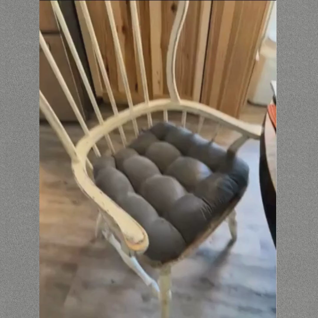 customer review video of faux suede dining chair cushions on windsor chair