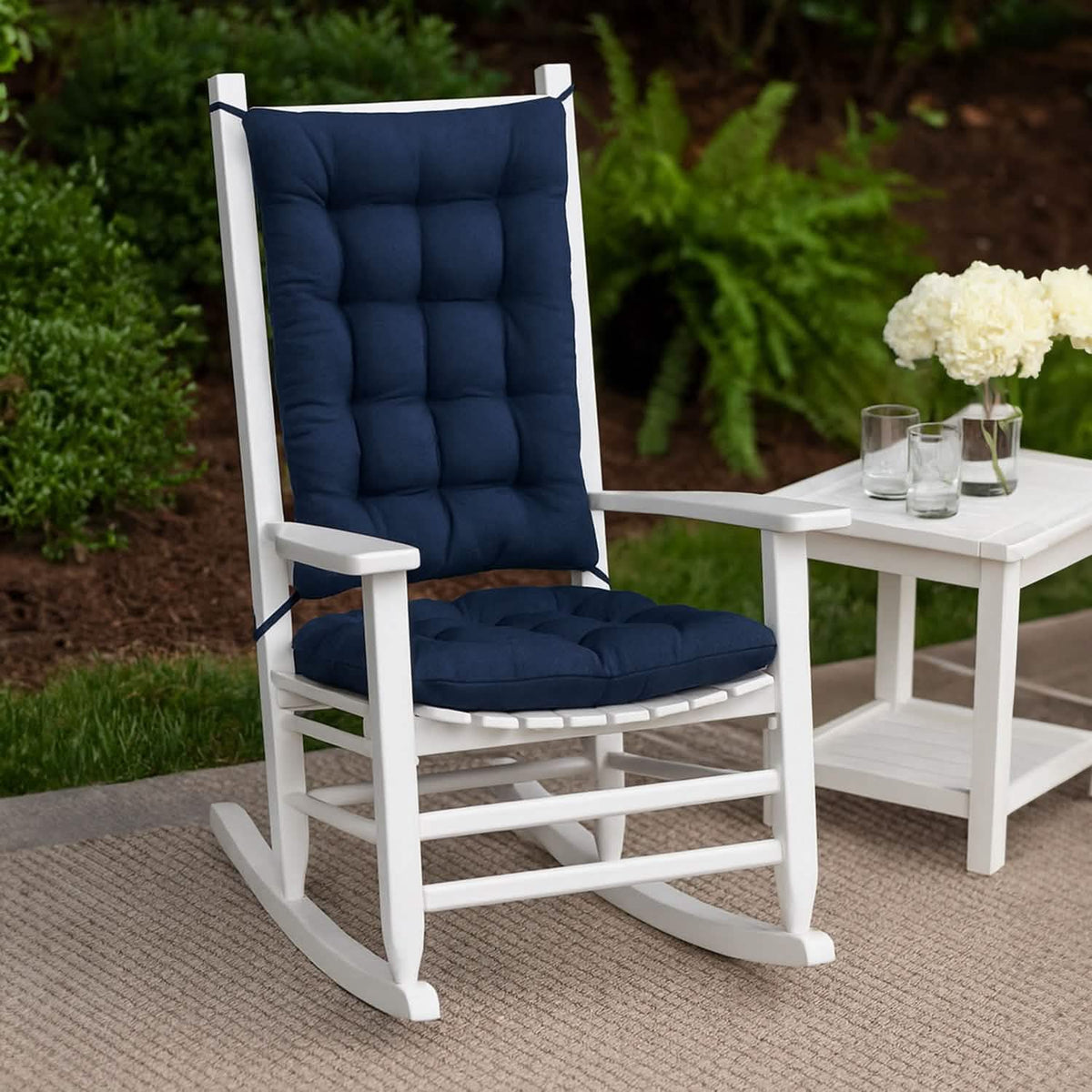 navy blue outdoor rocker cushions on the patio