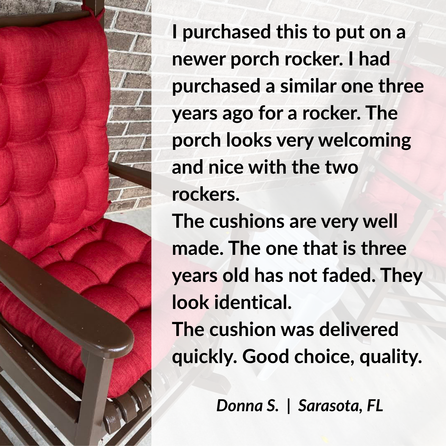 a red rocking chair cushion set with seat cushion and back cushion on the porch outside with barnett customer reviews