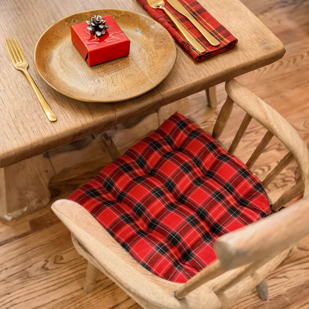 Tartan Red Plaid Dining Chair Pads - Never Flatten Chair Cushion