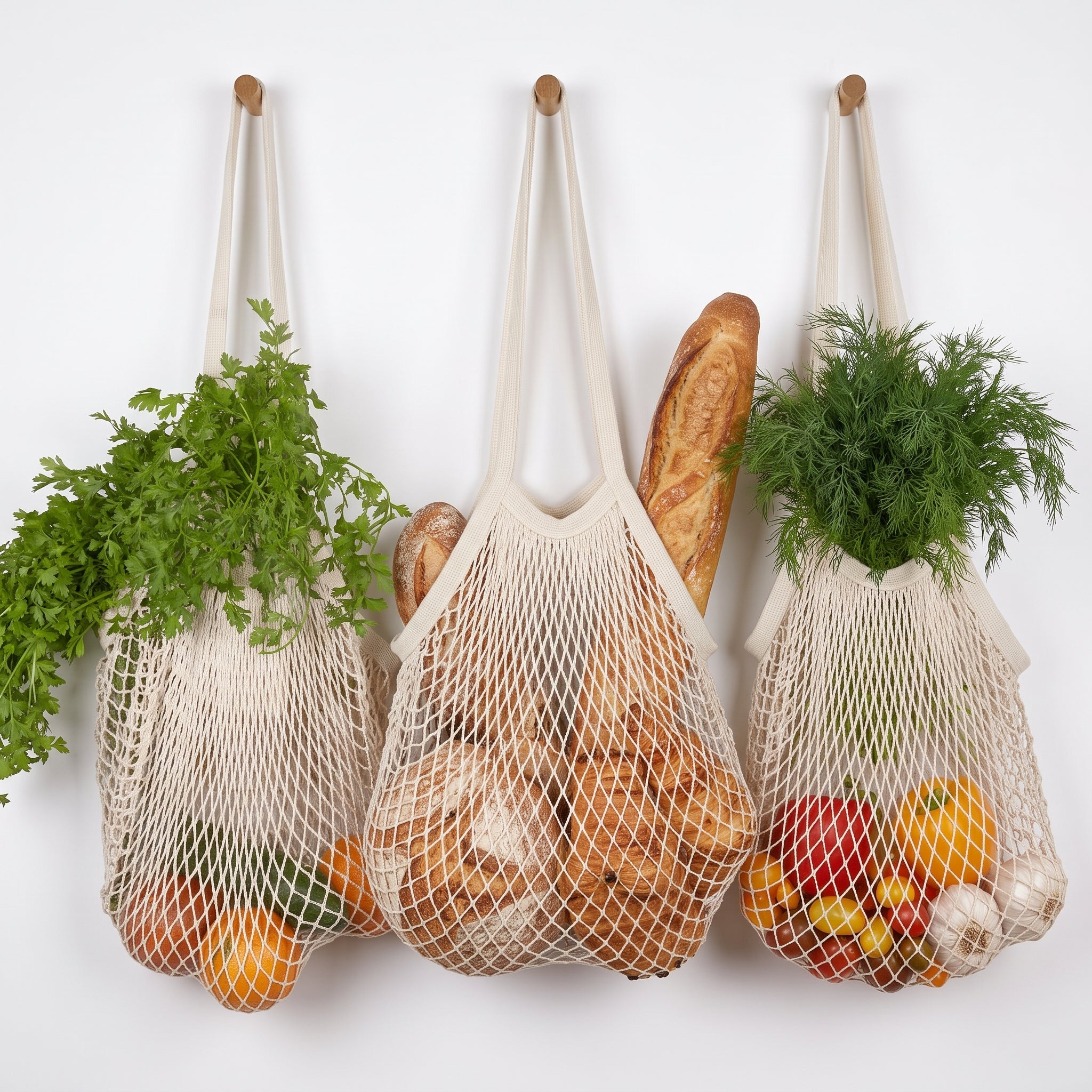 Three french market grocery bags of cotton mesh hanging from wooden hooks on a white wall, filled with fresh greens, bread, and colorful fruits and vegetables.