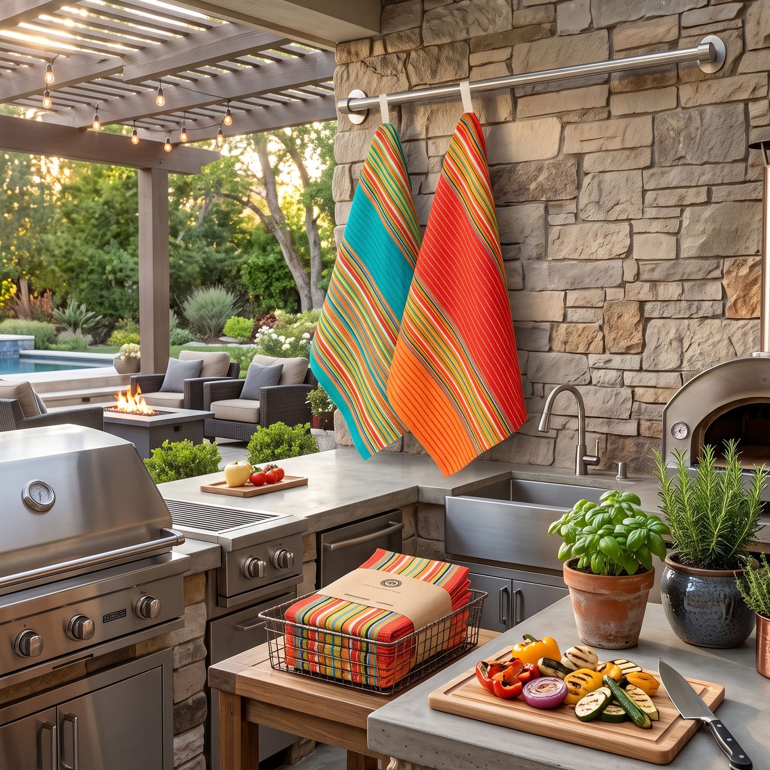 Salsa Stripe Kitchen Towels - 100% Cotton, Machine Washable, Waffle Weave