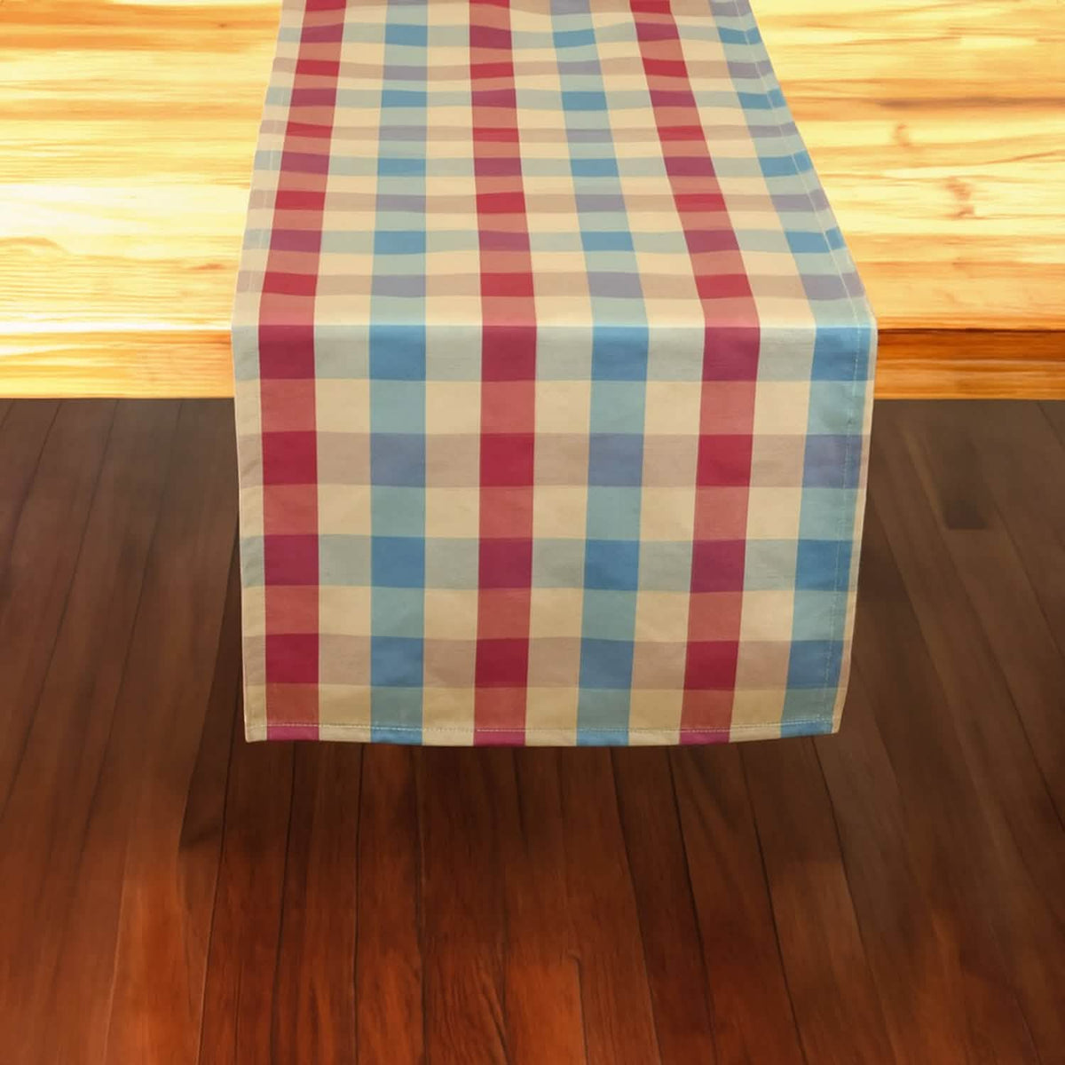 Checkered table runner on a wooden table