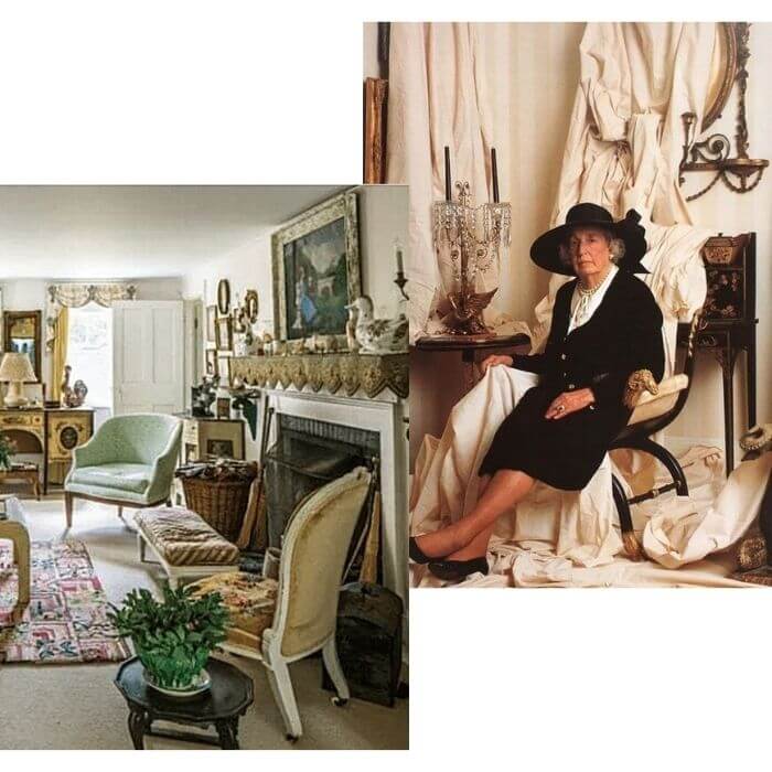 portrait of sister parish seated in a formal dining room and sister parish's interior design of a colonial home