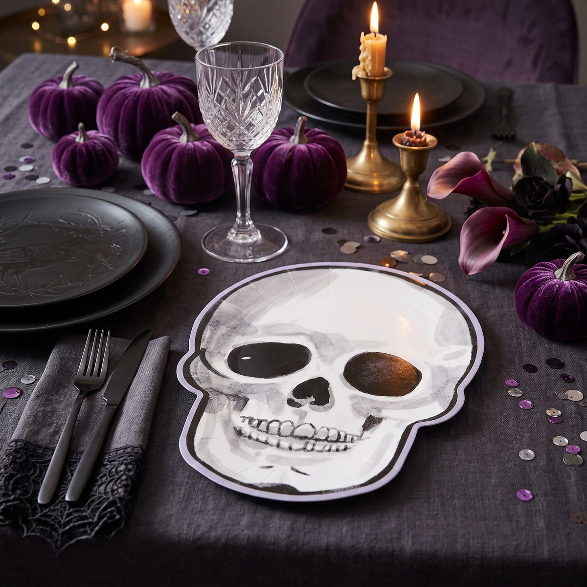 Skull Halloween Dessert Plate - Paper Plate - Watercolor - 12 Pieces