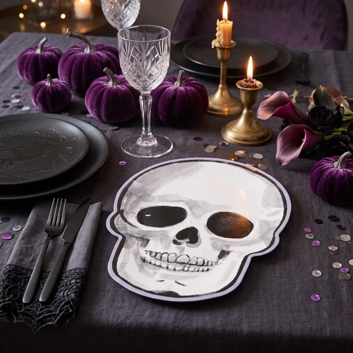 Skull Halloween Dessert Plate - Paper Plate - Watercolor - 12 Pieces