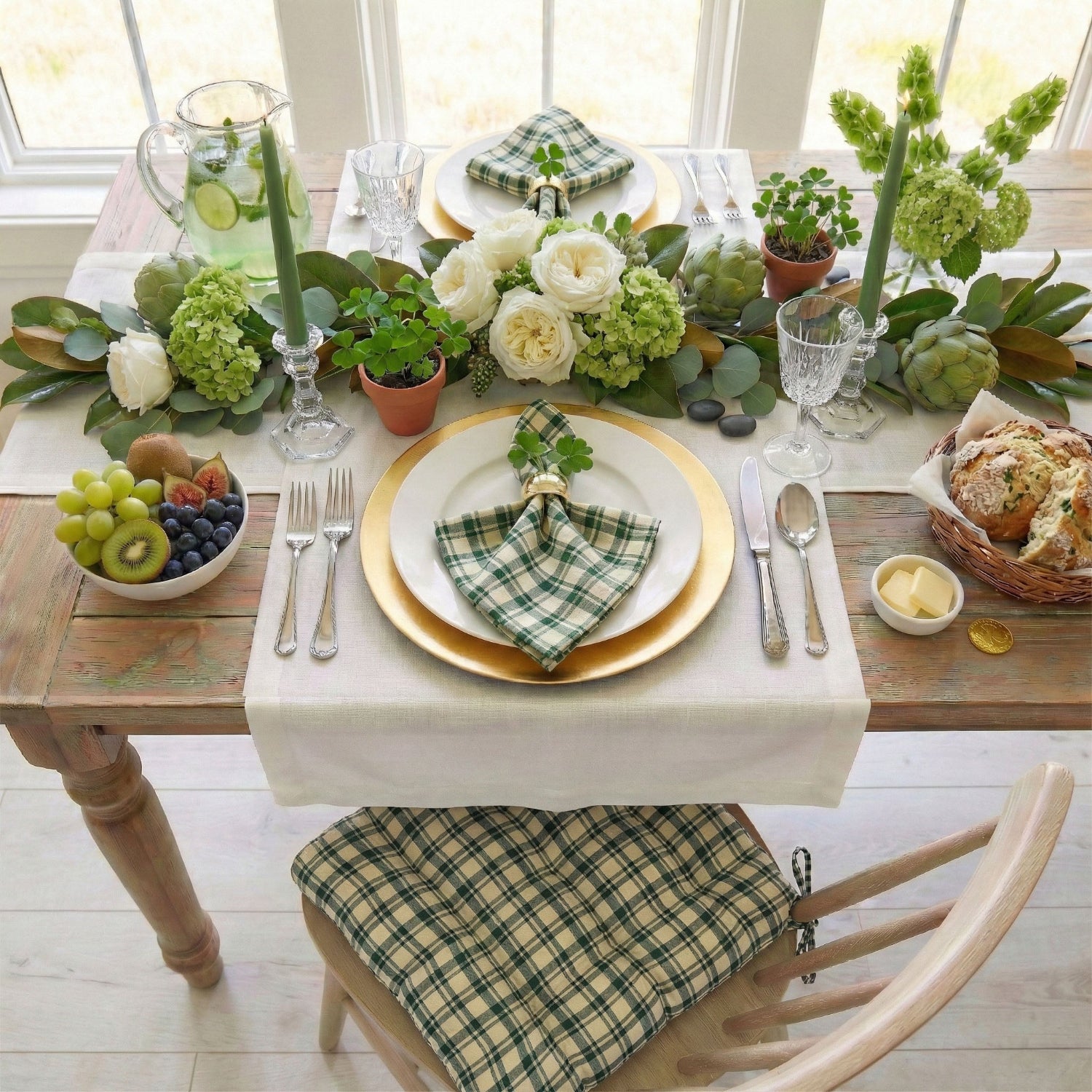 st patricks day dining room with green plaid chair cushions and table linens