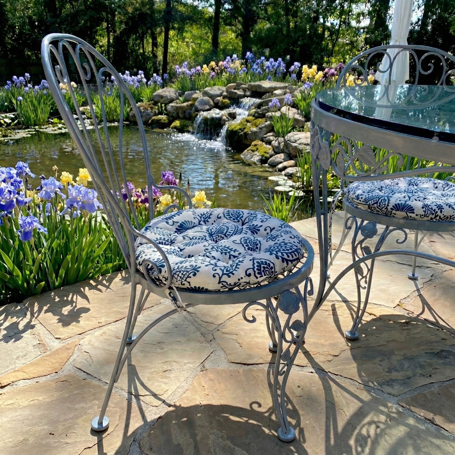 Sylvan Navy Blue Bistro Chair Pad - 16" Round Cushion with Ties -Barnett Home Decor - Indoor/Outdoor - Blue & White