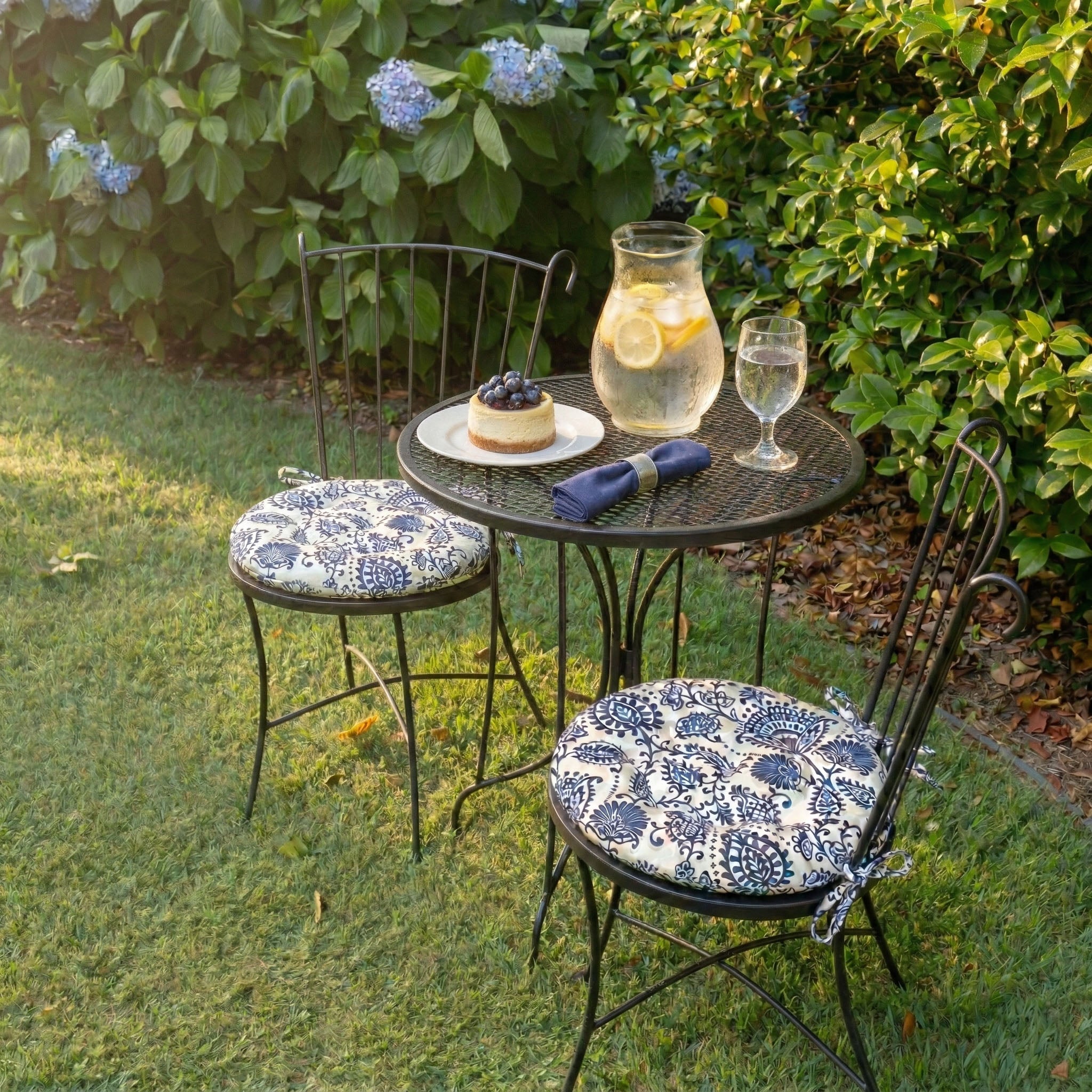 Sylvan Navy Blue Bistro Chair Pad - 16" Round Cushion with Ties - Indoor / Outdoor