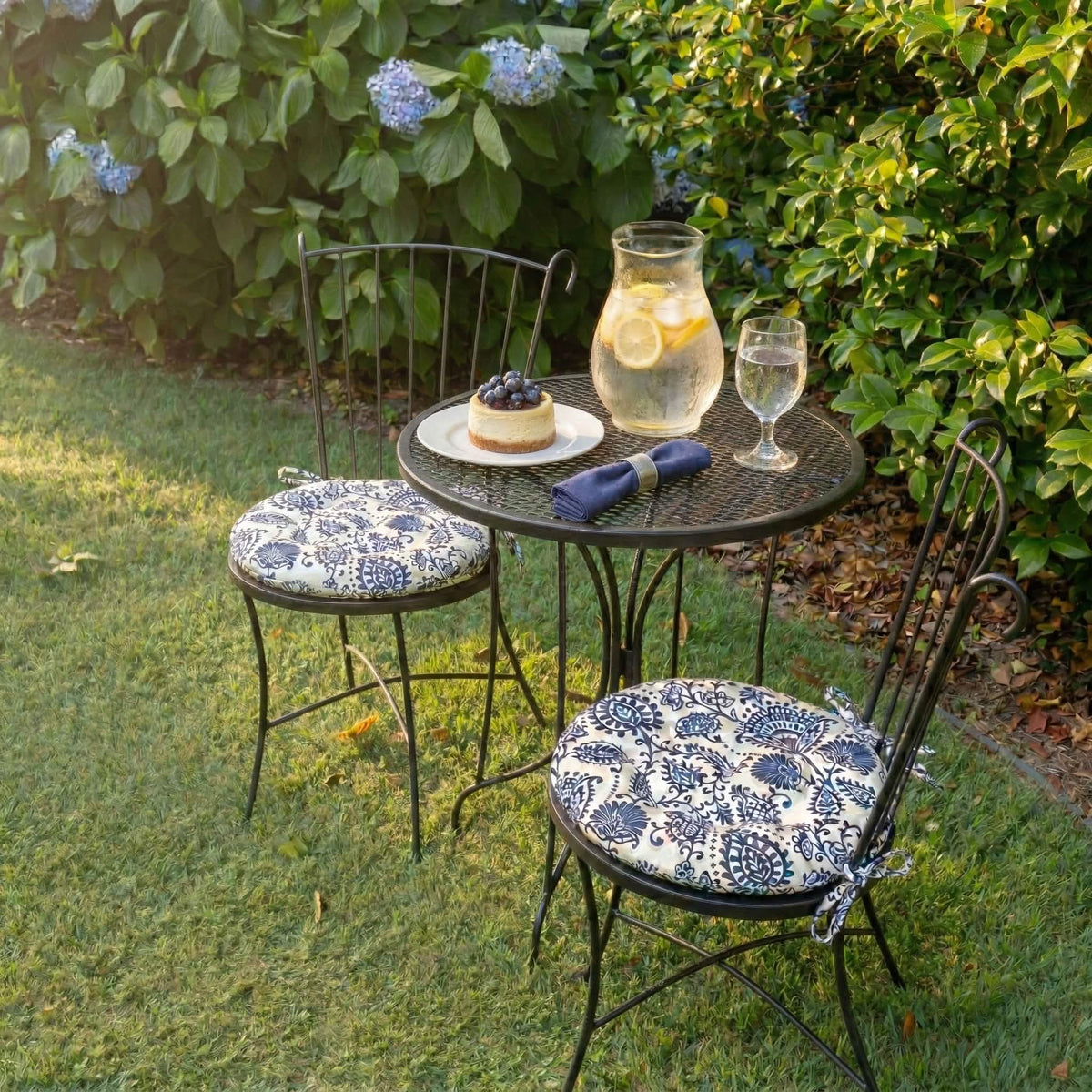 Sylvan Navy Blue Bistro Chair Pad - 16" Round Cushion with Ties - Indoor / Outdoor