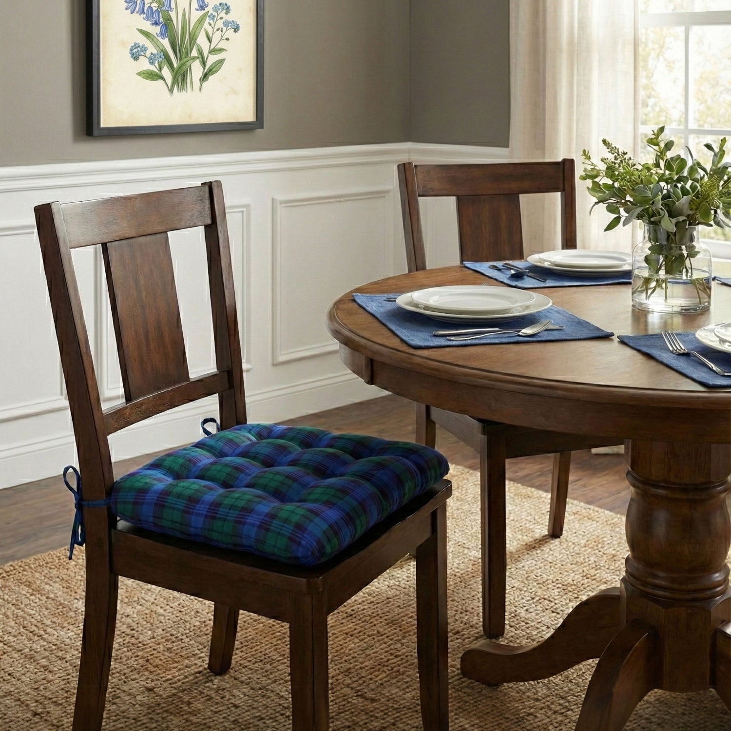 tartan plaid dining chair cushions in traditional dining room on wooden chairs