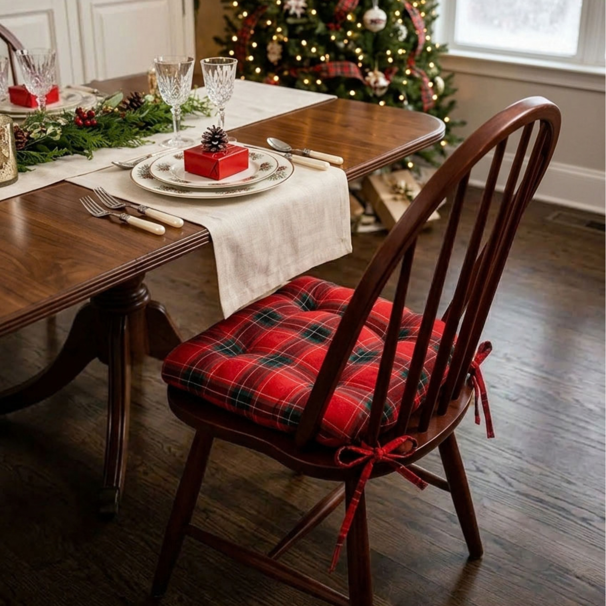 Tartan Red Plaid Dining Chair Pads - Never Flatten Chair Cushion
