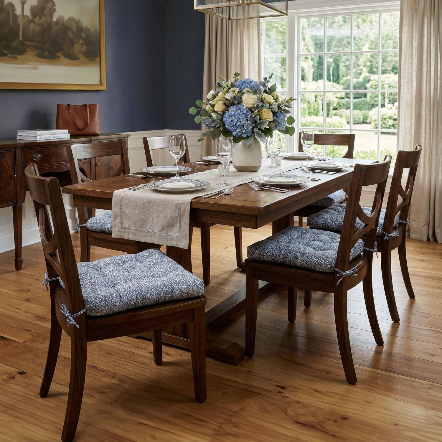 blue dining room chair cushions in a formal dining room