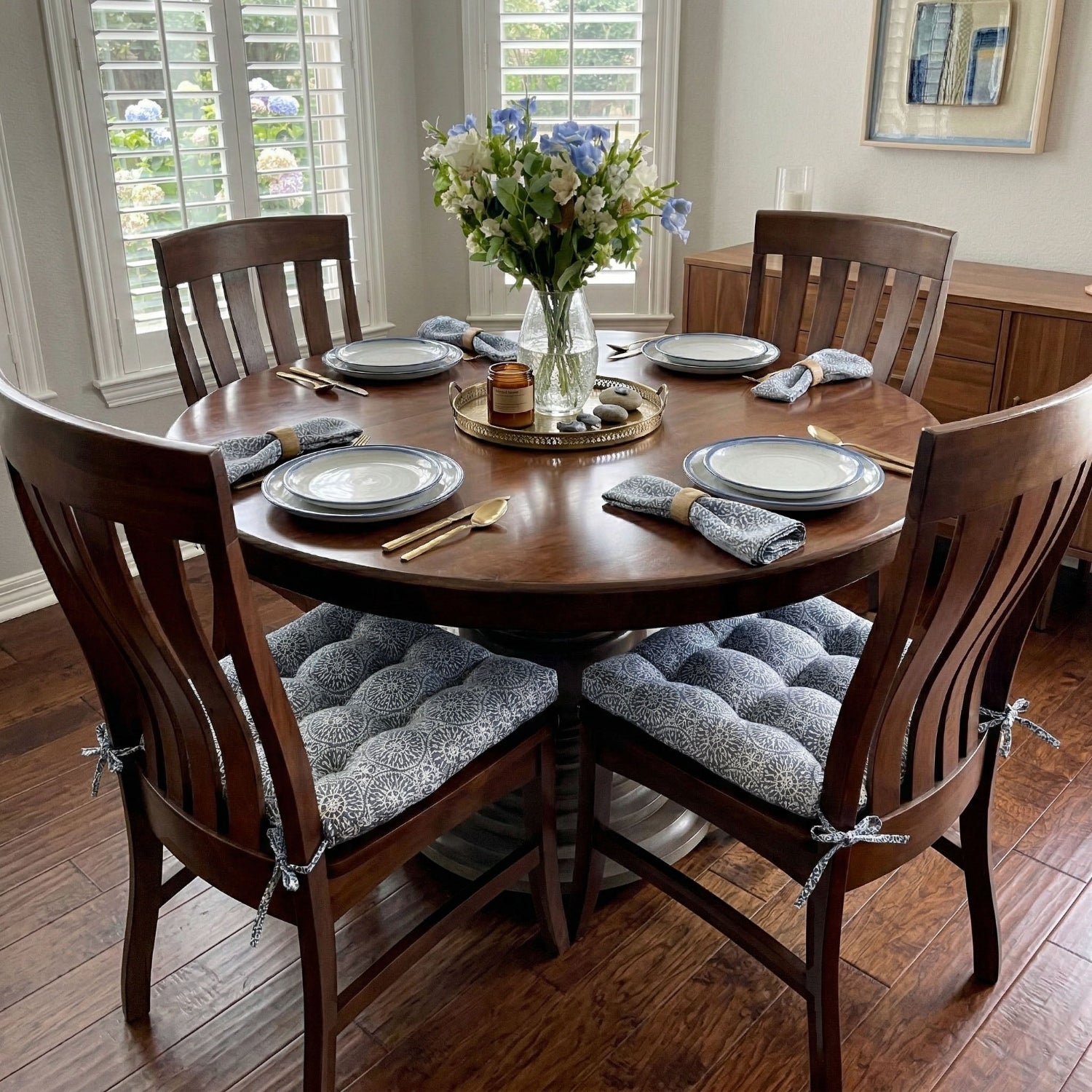 Close-up view of Tibet Blue dining chair cushions showing detailed mandala pattern and fabric texture