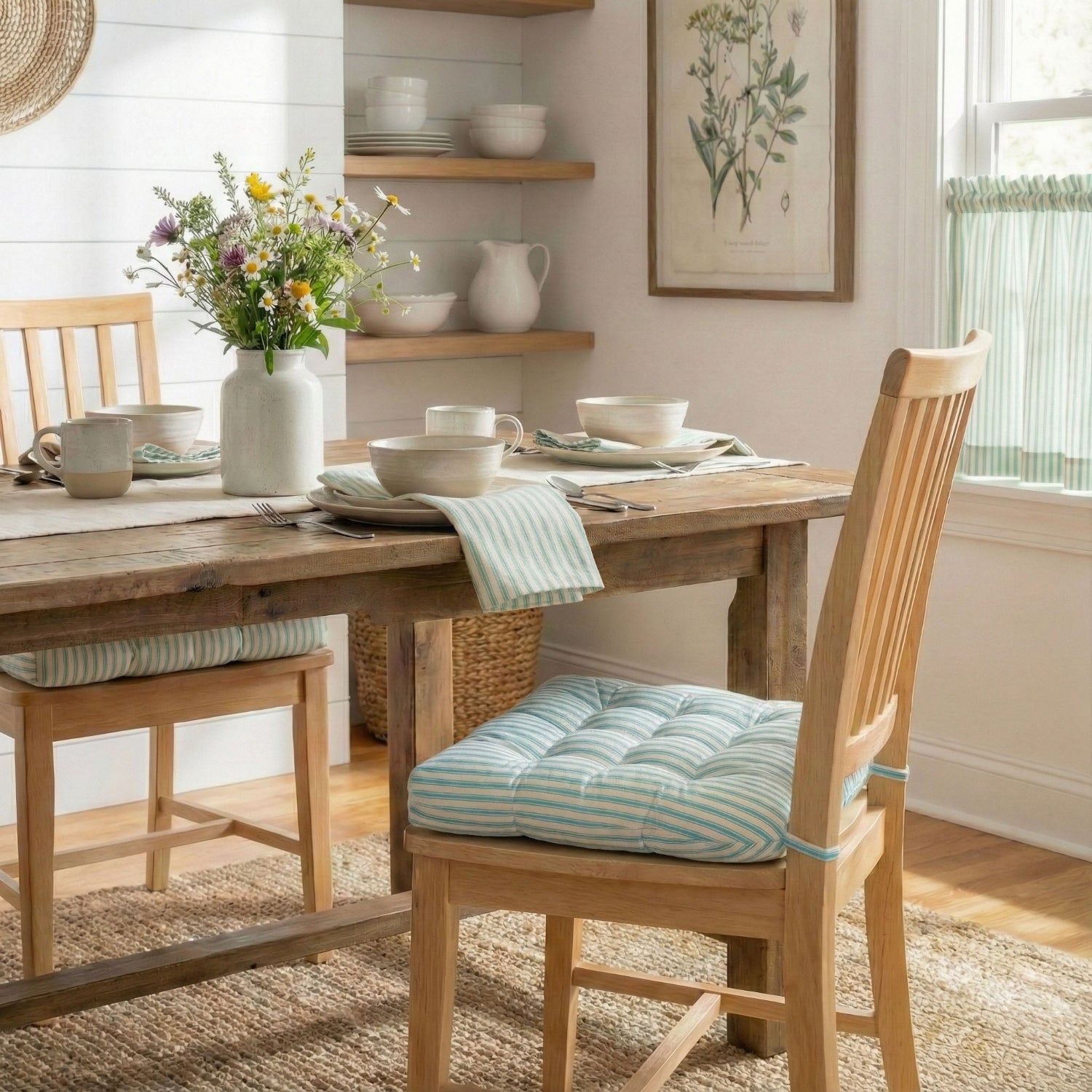 ticking stripe aqua dining chair cushions in cottage dining room