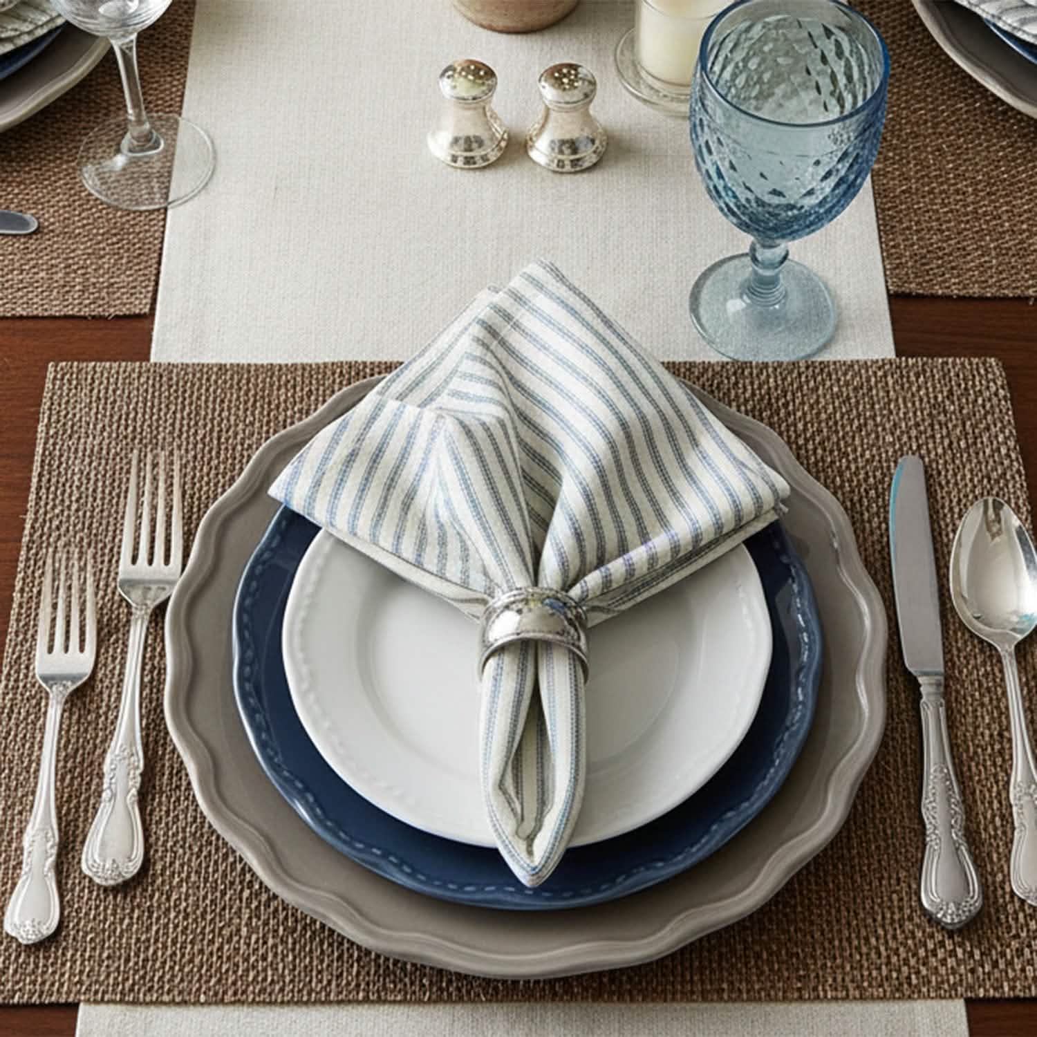 Ticking Stripe Berlin Blue Cloth Napkins - Set of 8