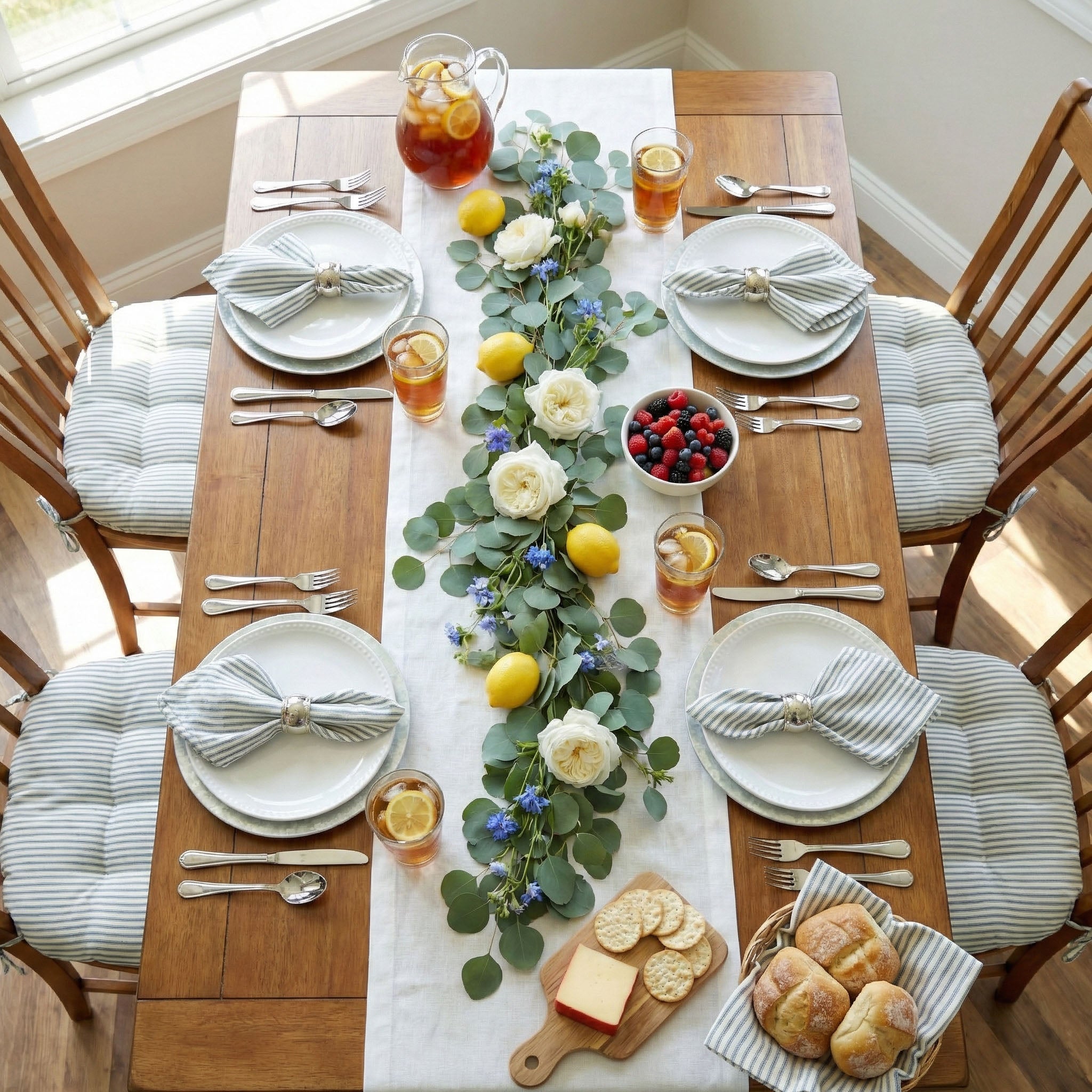 Ticking Stripe Berlin Blue Dining Chair Pad - Never Flatten Chair Cushion Light Blue Stripe