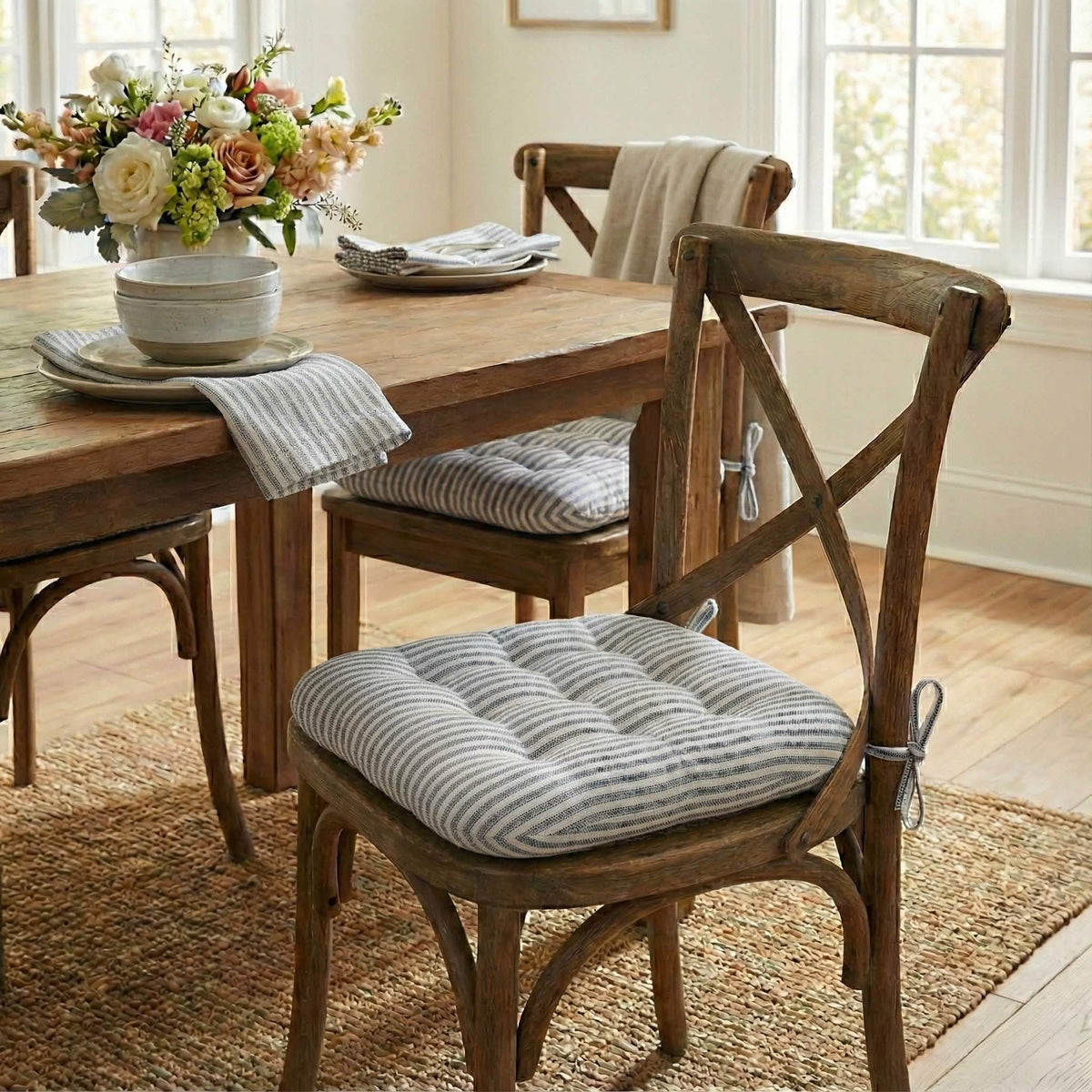 Ticking Stripe Berlin Blue Dining Chair Pad - Made in USA - 100% Cotton - Never Flatten Chair Cushion Light Blue