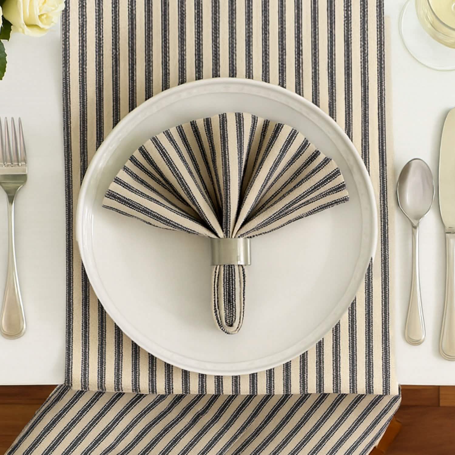 Ticking Stripe Black Cloth Napkins - Set of 8