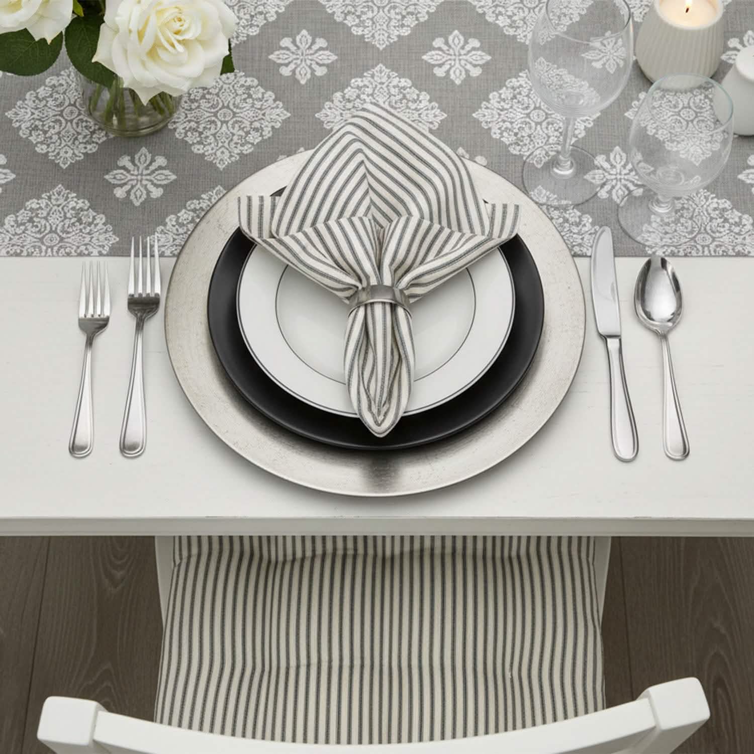 Ticking Stripe Black Cloth Napkins - Set of 8