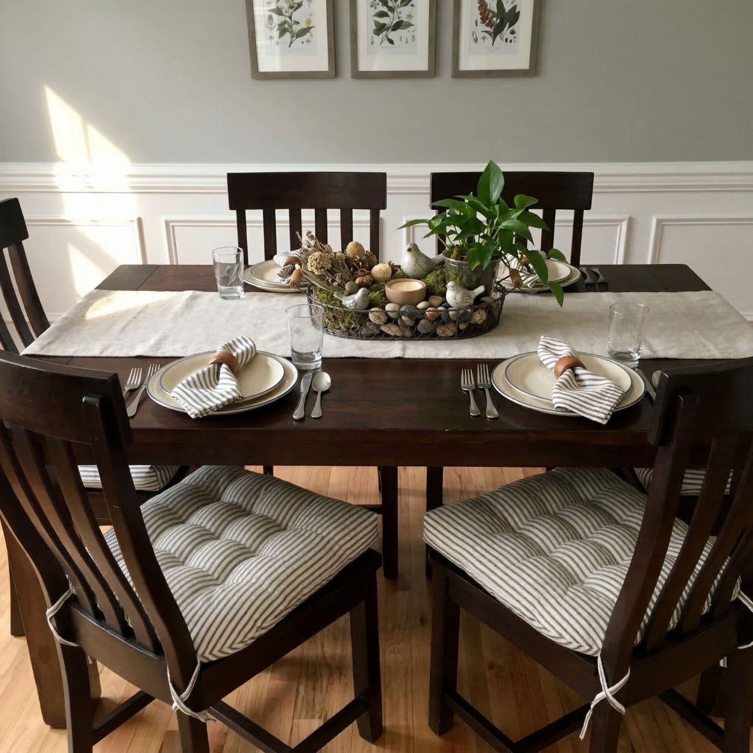 black ticking stripe dining chair pads in a formal dining room