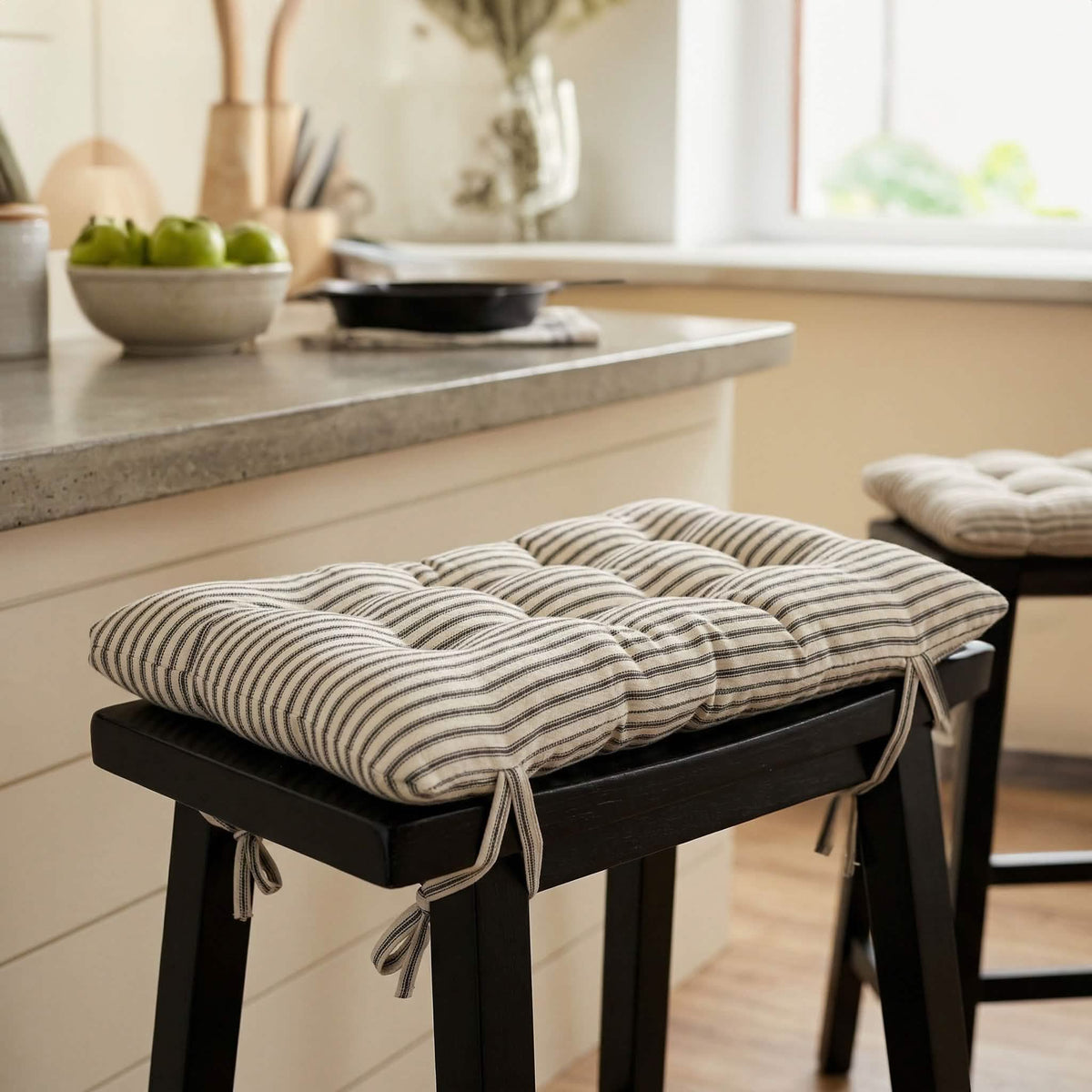 Ticking Stripe Black Saddle Stool Cushions - Gaucho Stool - Satori Seat Cushions - Made in USA