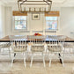 french mattress stripe dining chair cushions in a farmhouse kitchen with white windsor chairs