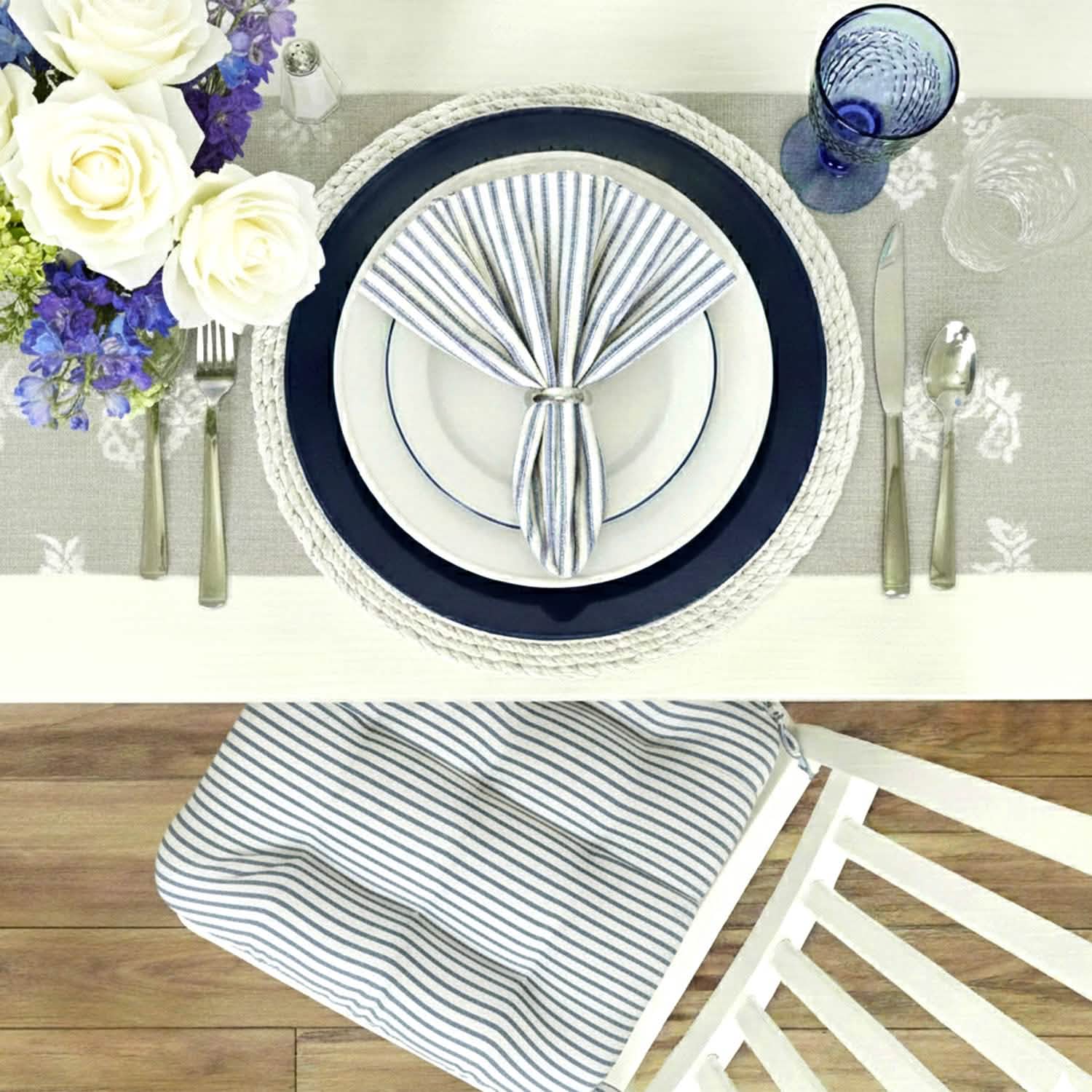 Ticking Stripe Navy Blue Cloth Napkins - Set of 8