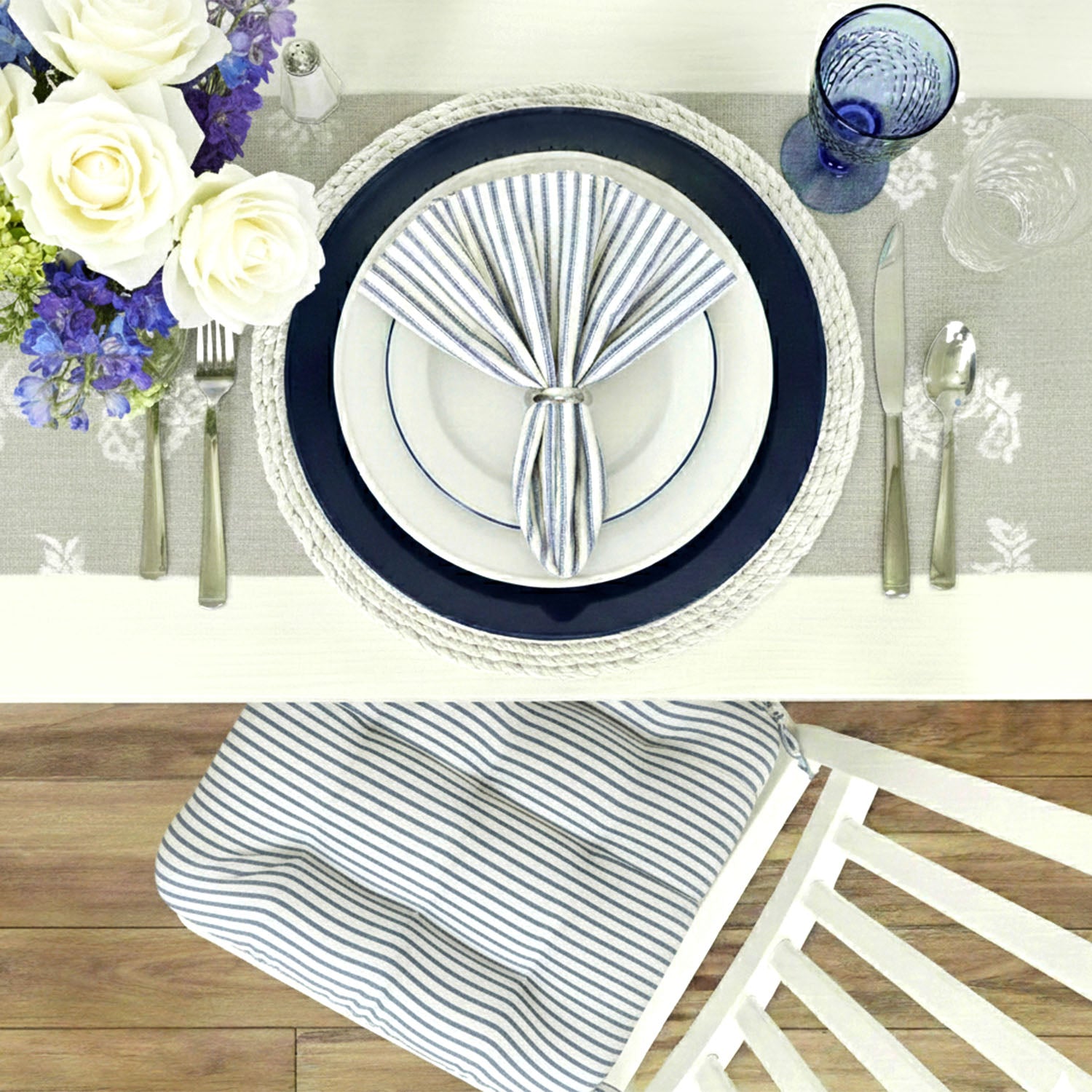 Ticking Stripe Navy Blue Cloth Napkins Set of 4 or Set of 8