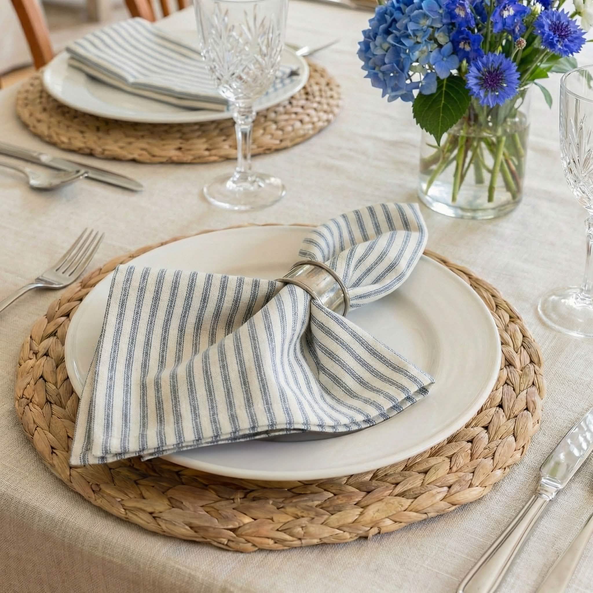 Ticking Stripe Berlin Blue Cloth Napkins - Set of 8