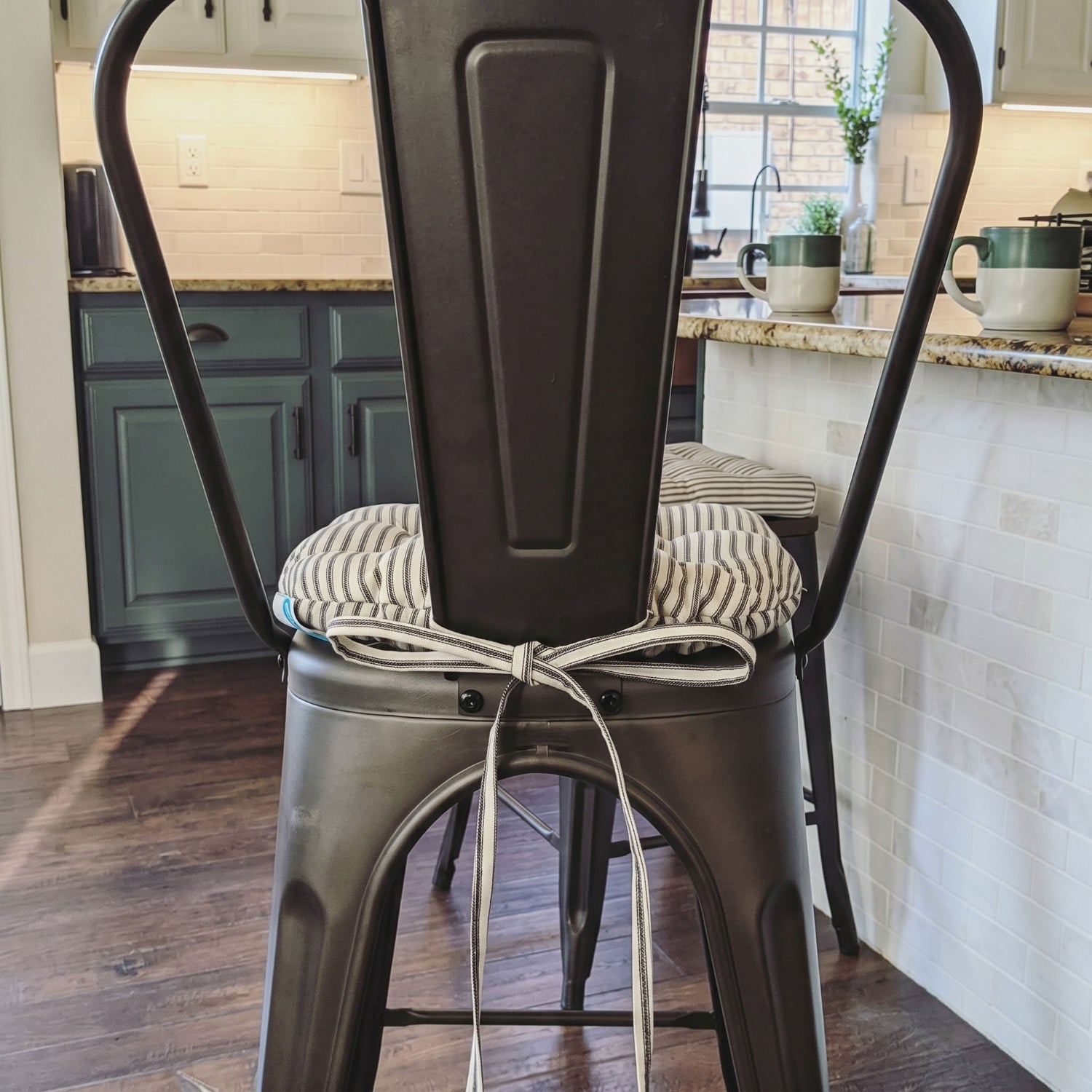 dining chair cushions with extra long ties for metal dining chairs and tolix chairs - barnett home decor ticking stripe black