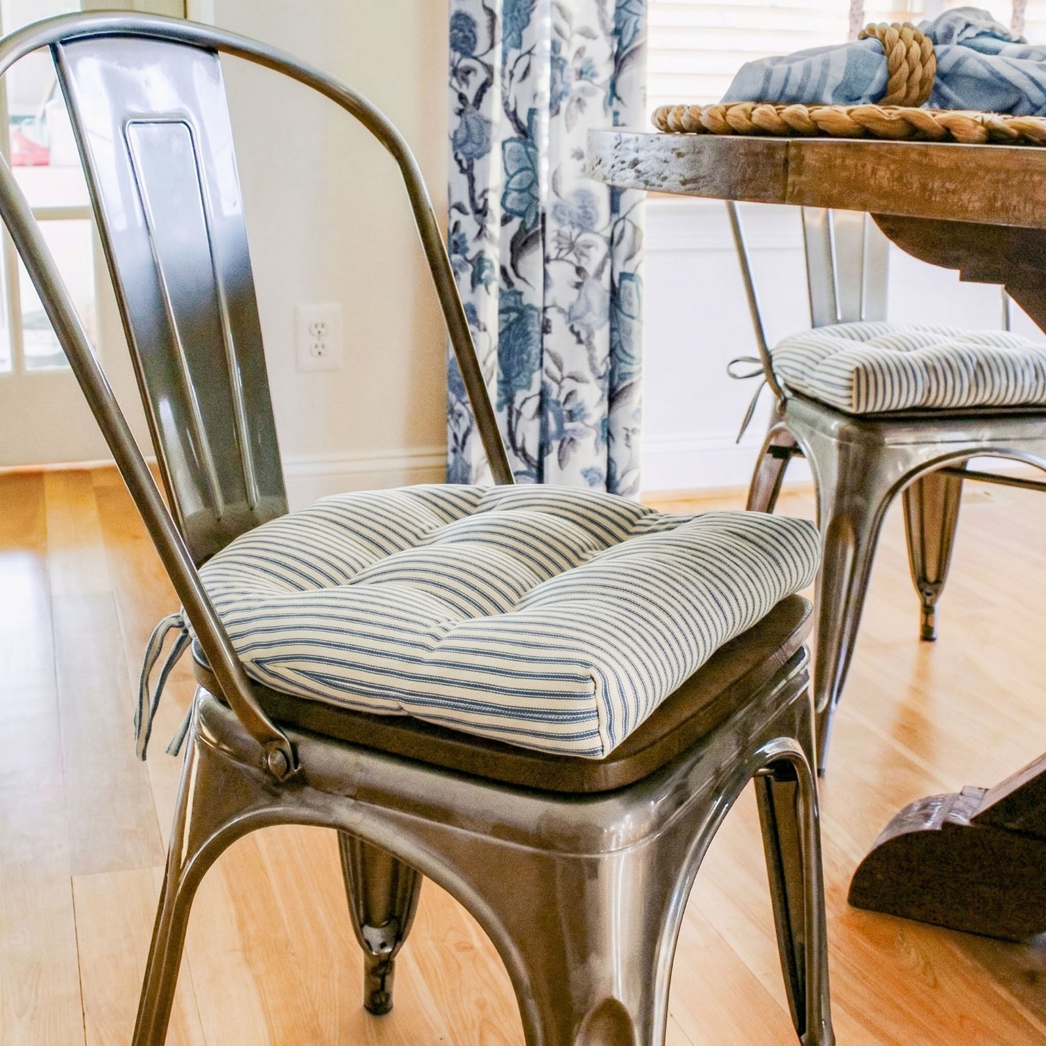 Ticking Stripe Navy Blue Industrial Chair Cushion - Latex Foam Fill - Barnett Home Decor