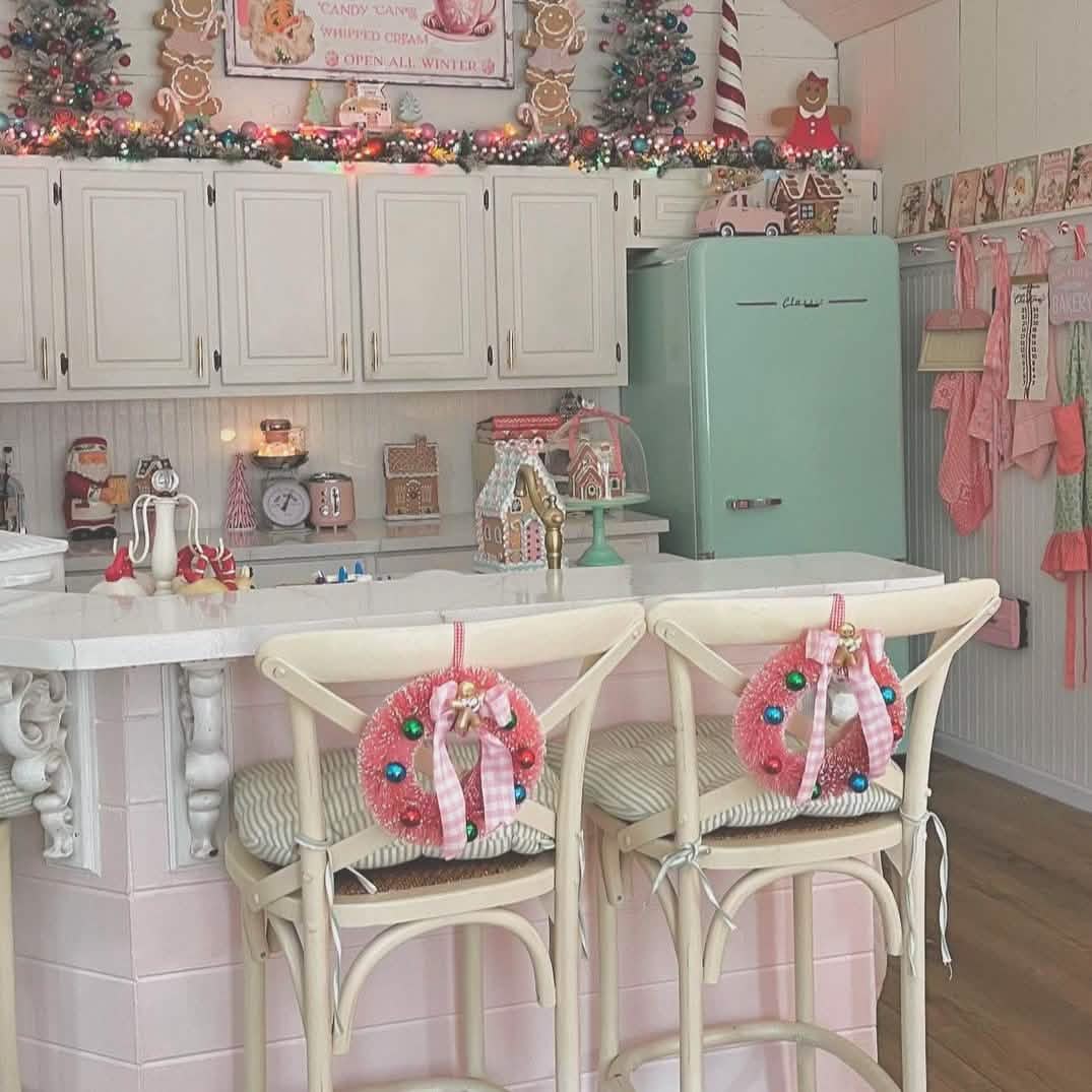Ticking stripe aqua pads in a kitchen.