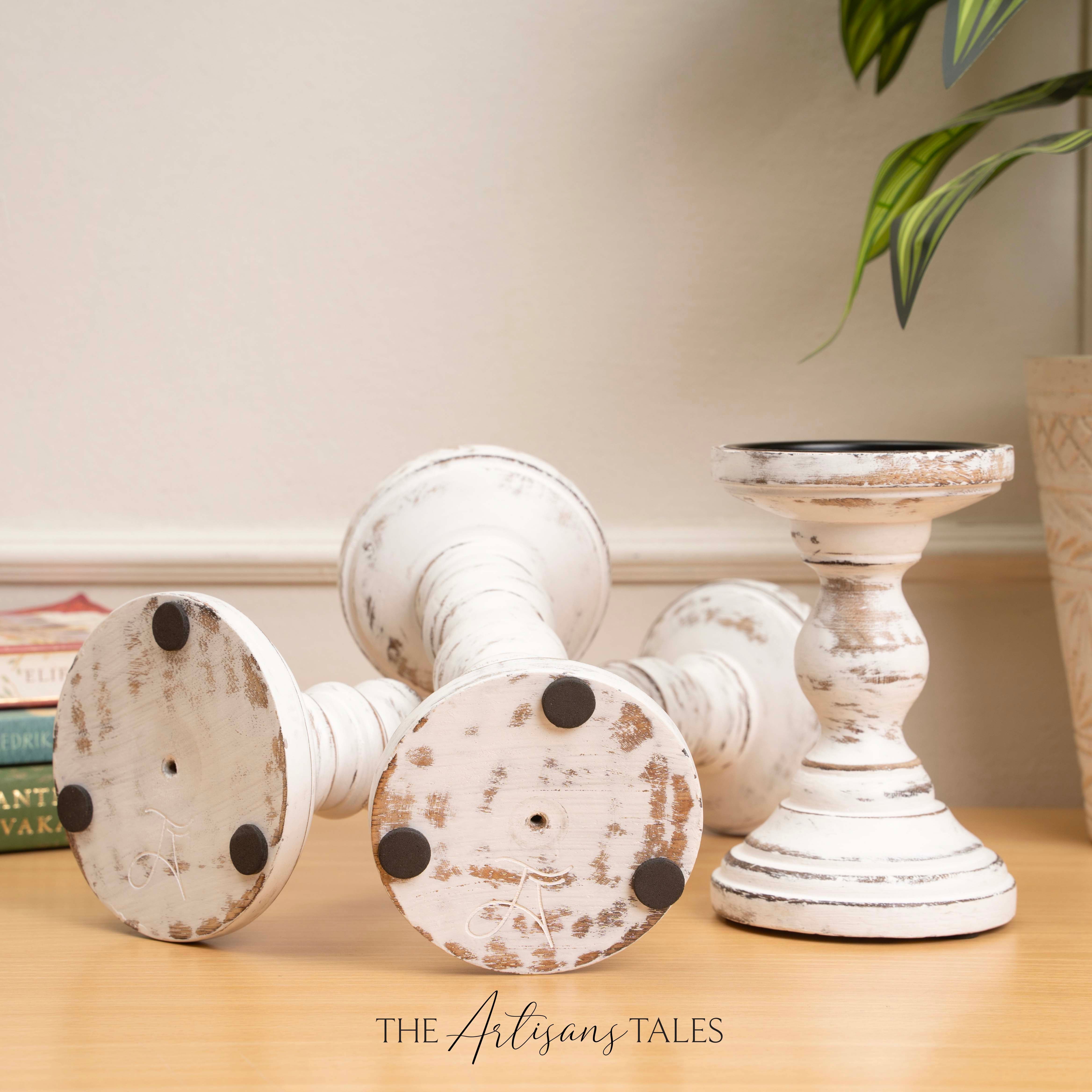 White Rustic Wooden Candle Holders - Set of 3 - 6", 9", 12"