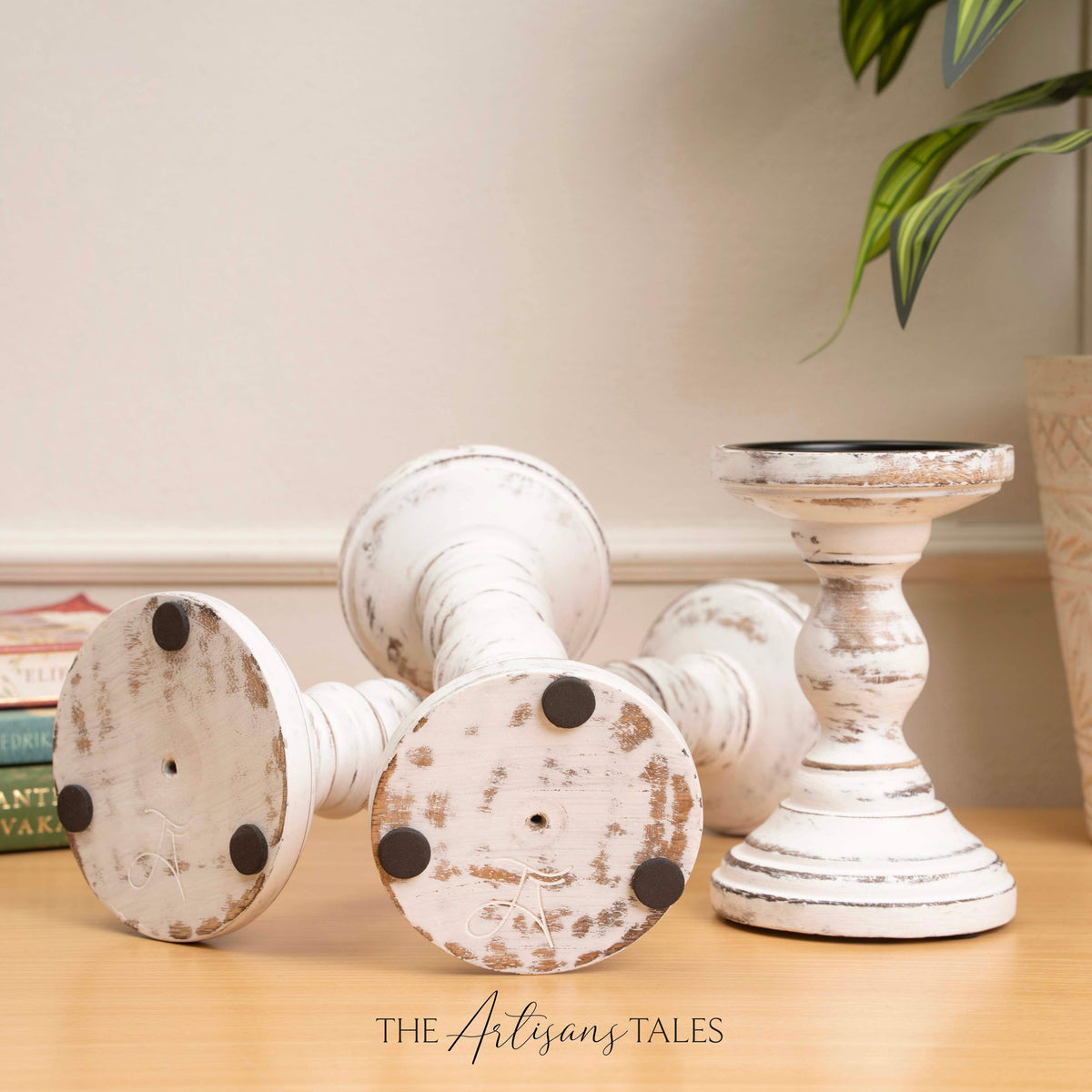 White Rustic Wooden Candle Holders - Set of 3 - 6", 9", 12"