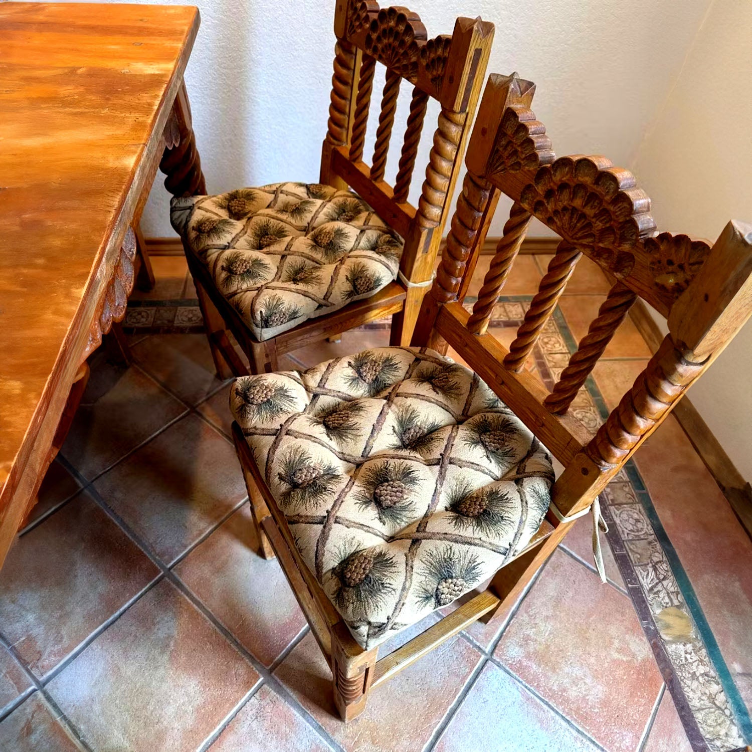 Wilderness Pinecones Beige Dining Chair Pads with Ties - Latex Foam Fill - Rustic Lodge