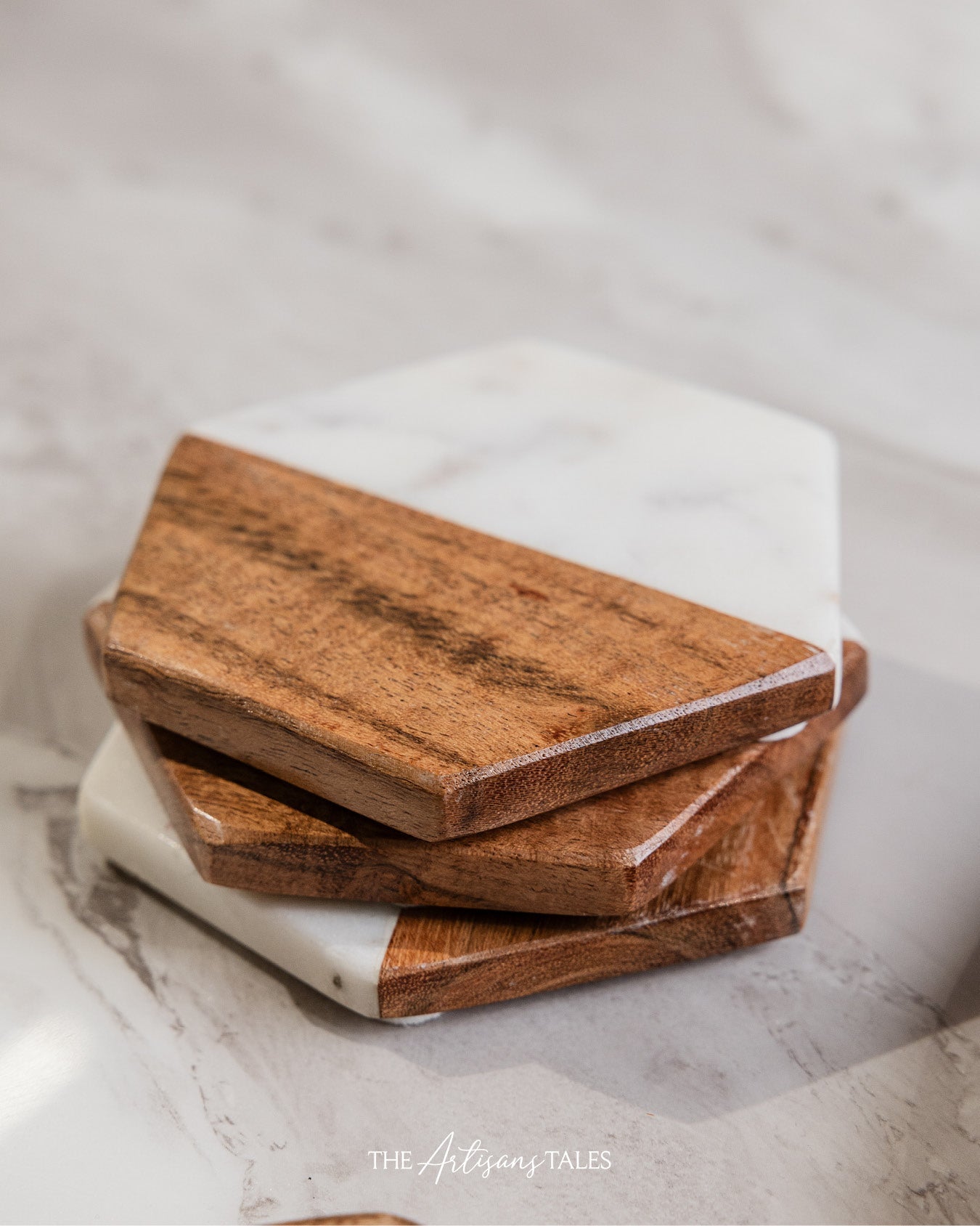 White Marble & Wood Coasters - Set of 4, Hexagon