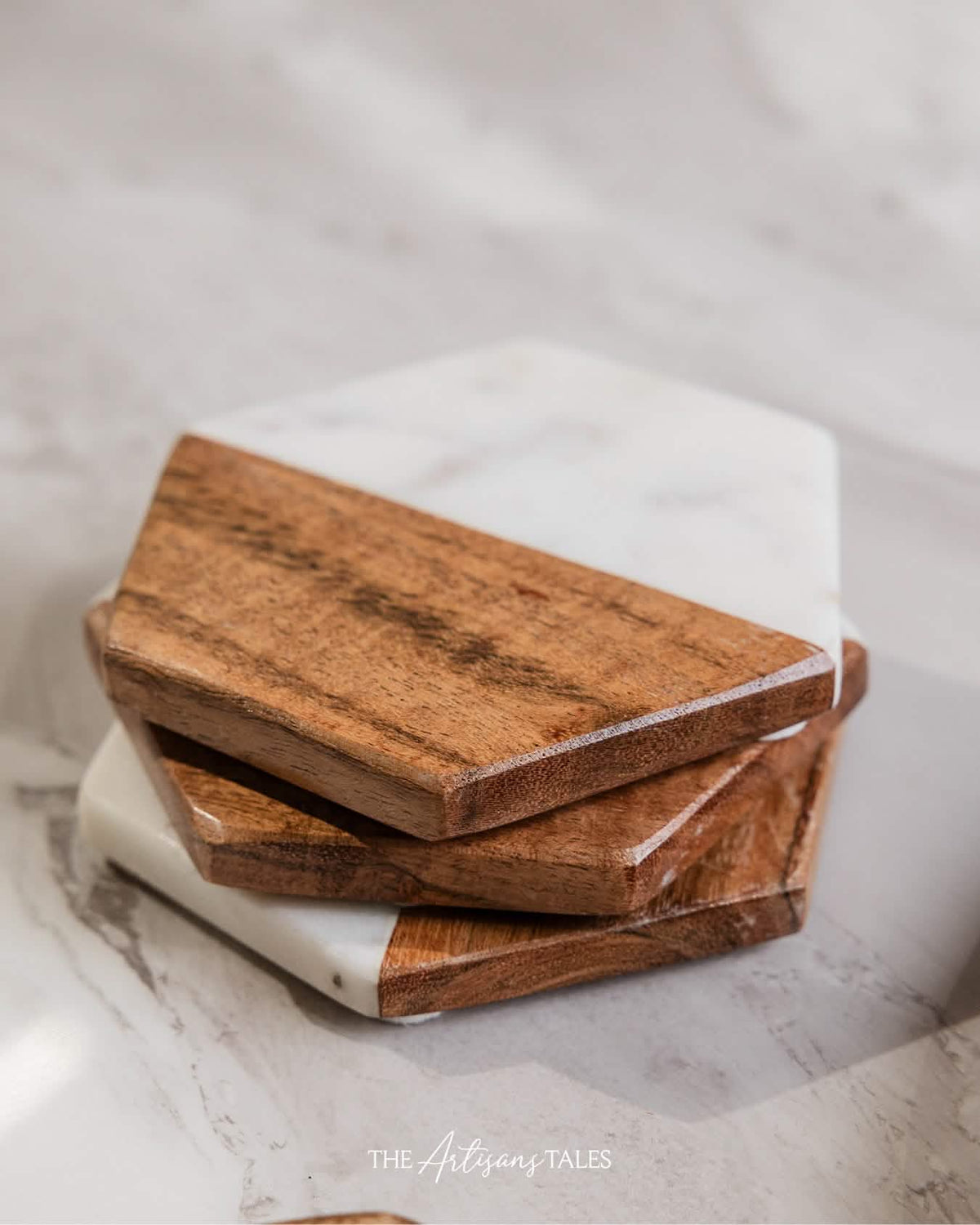 White Marble & Wood Coasters - Set of 4, Hexagon