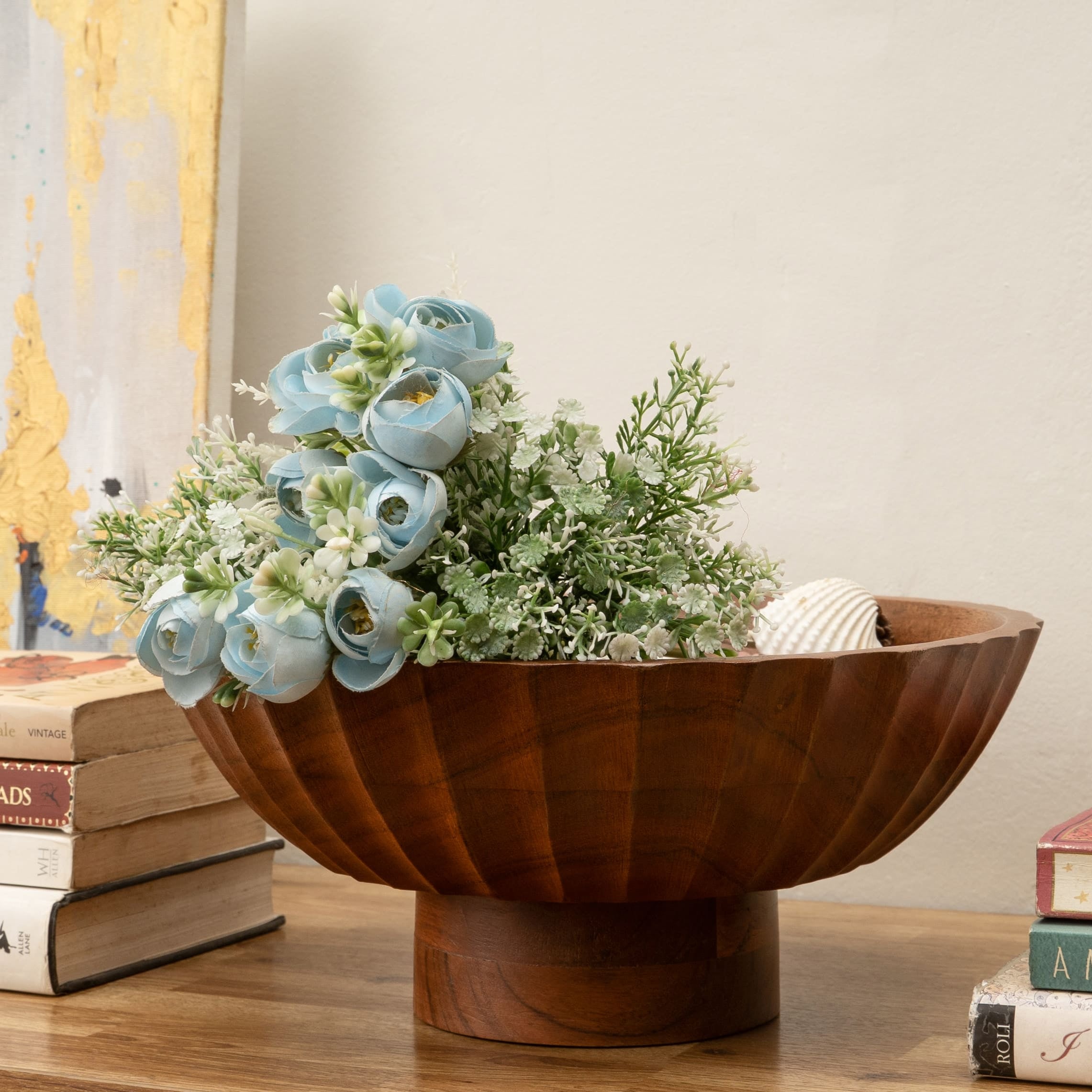 Natural Acacia Bowl - Footed, Fluted Carved Sides