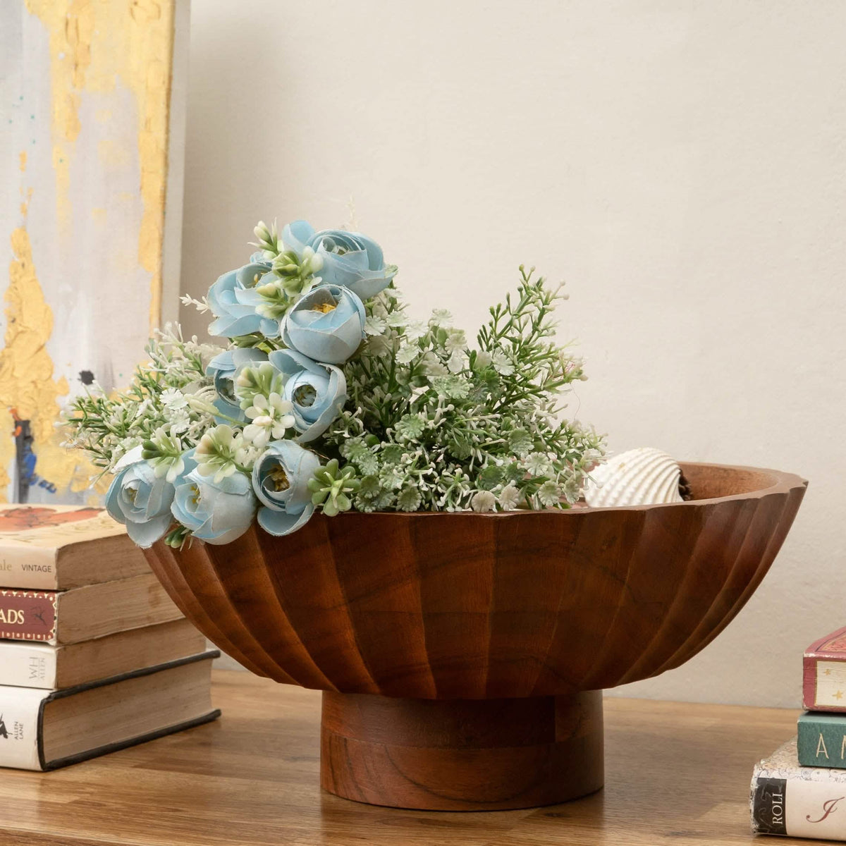 Natural Acacia Bowl - Footed, Fluted Carved Sides