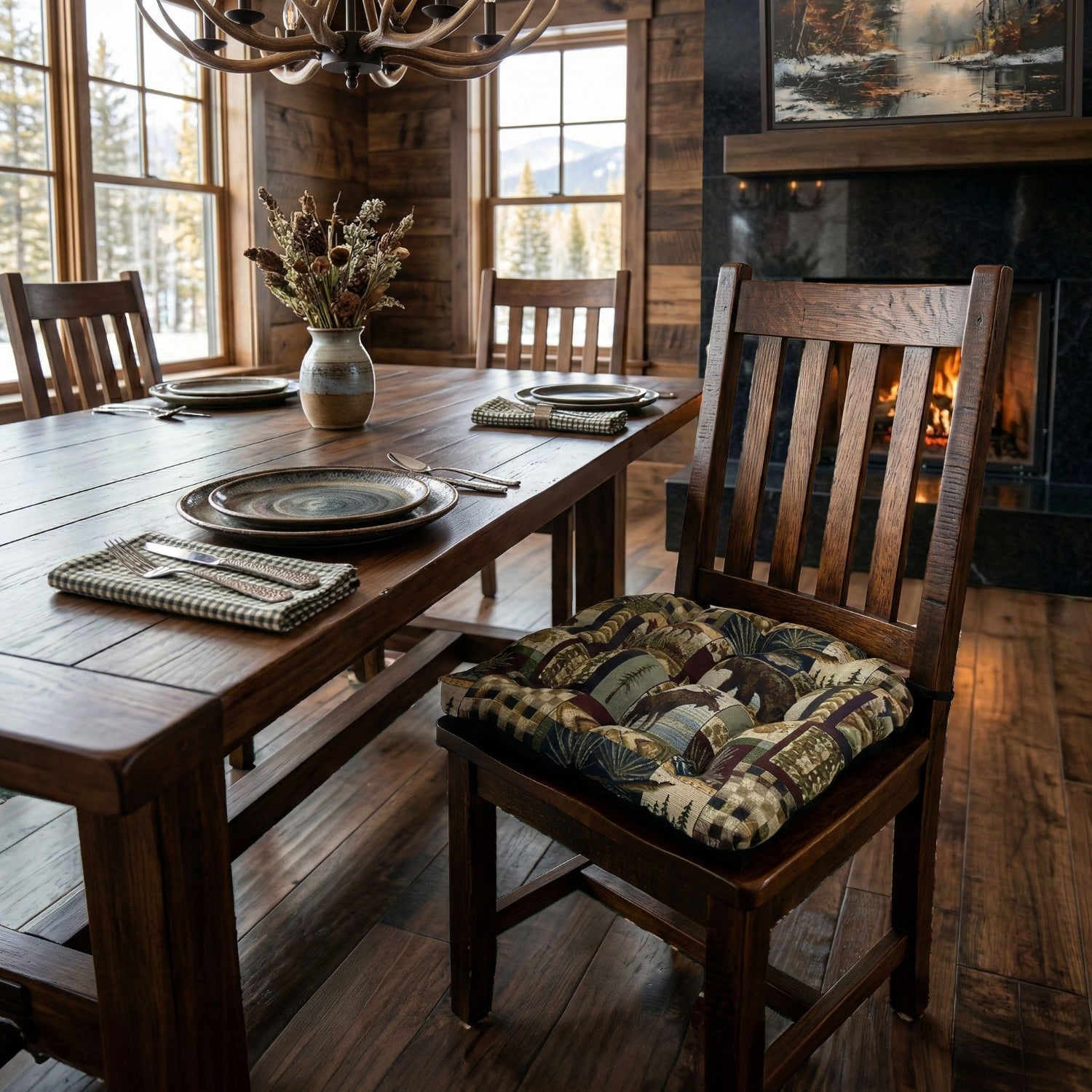 rustic lodge dining room chair cushions in log cabin