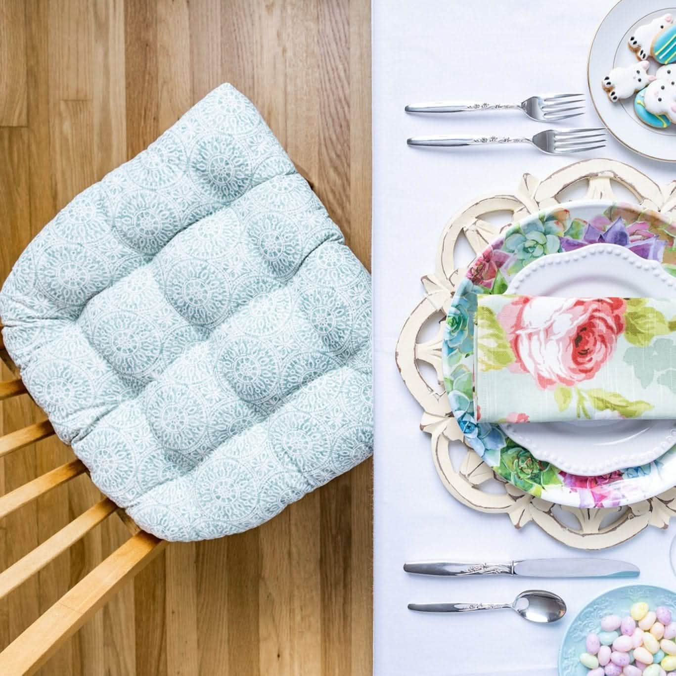 Tibet Aqua Dining Chair Cushion | Barnett Home Decor | Aqua & White