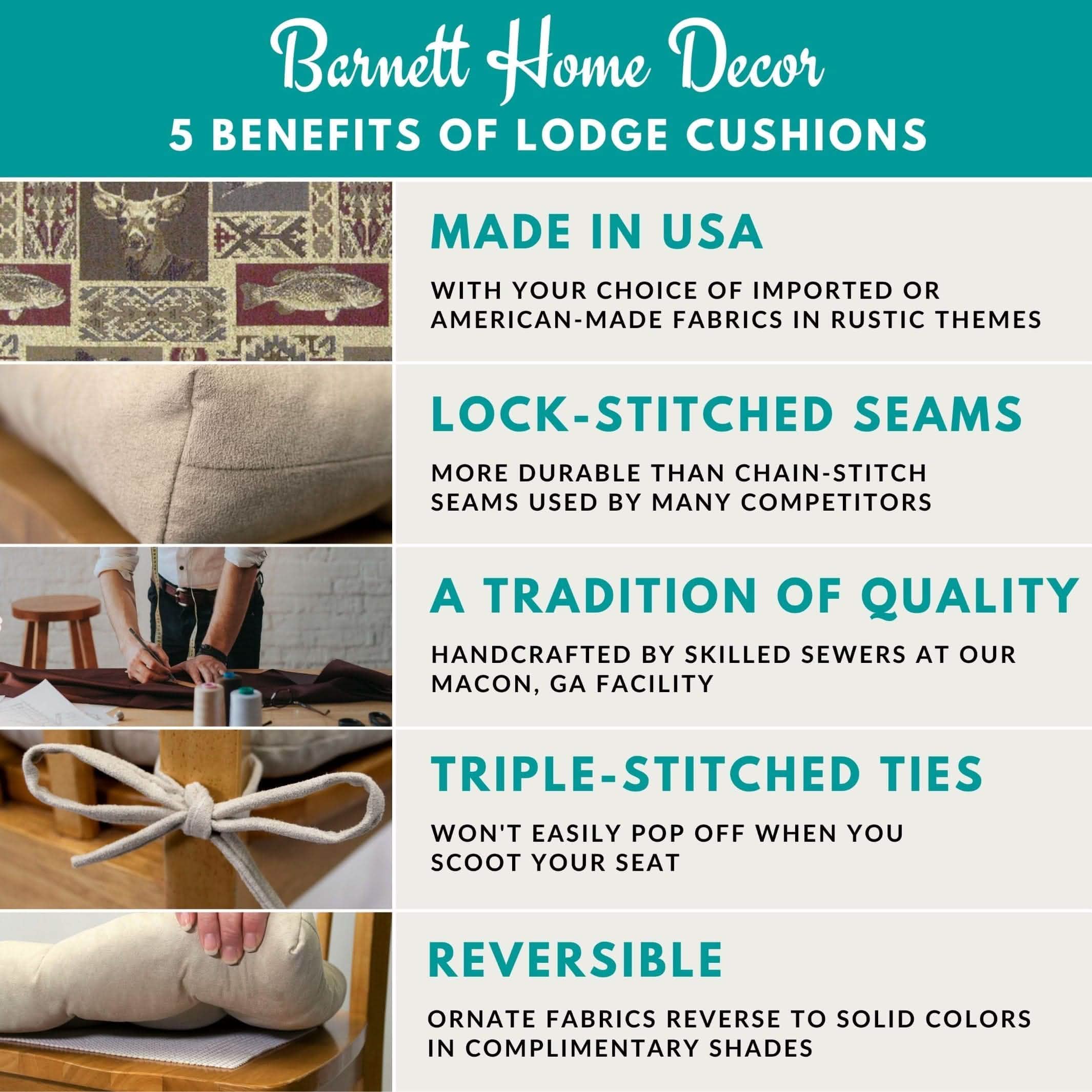 Infographic showing 5 benefits of lodge-style chair cushions from Barnett Home Decor