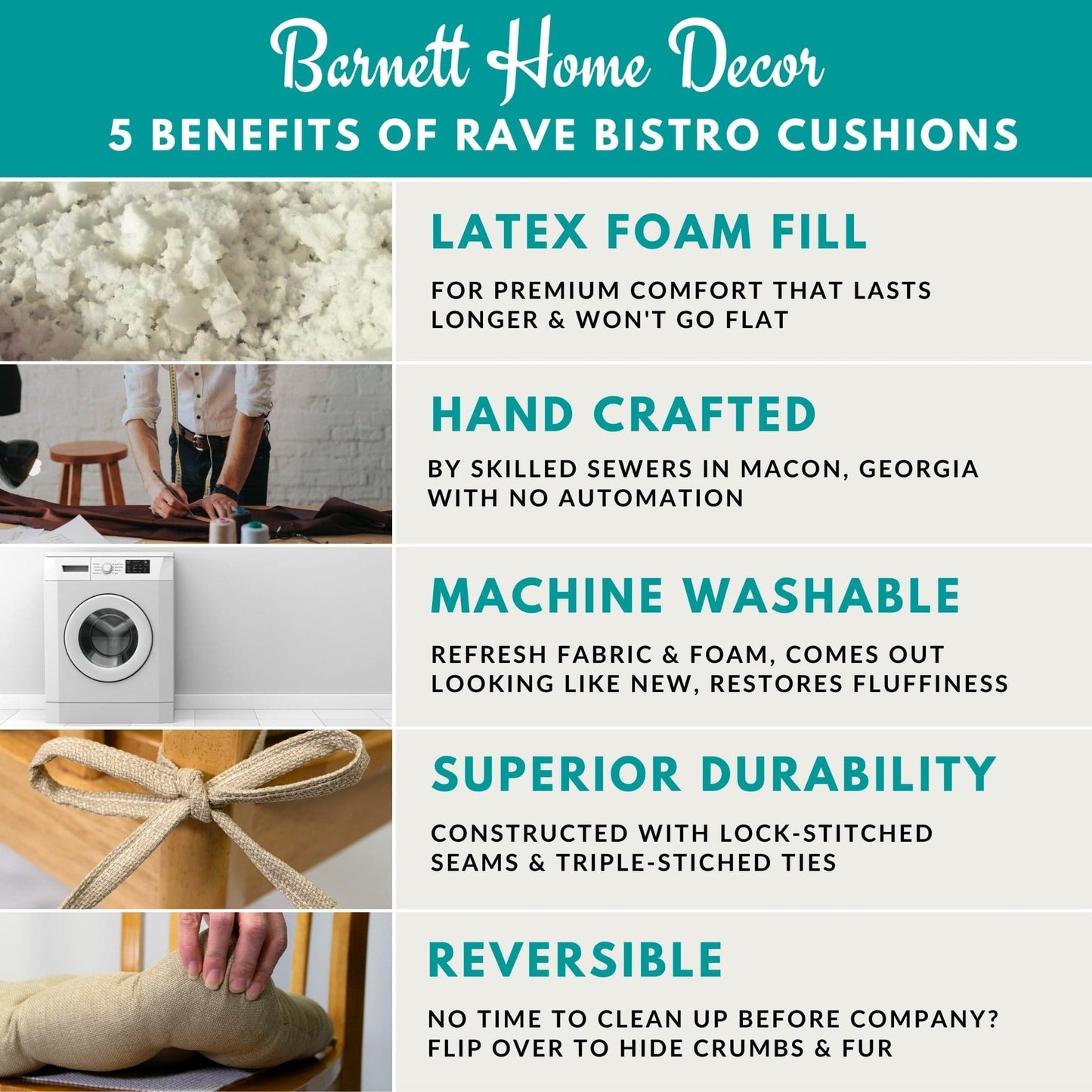 Barnett Home Decor Top 5 Benefits of Rave Bistro Cushions - Latex Foam Fill, Hand Crafted, Machine Washable, Superior Durability, Reversible