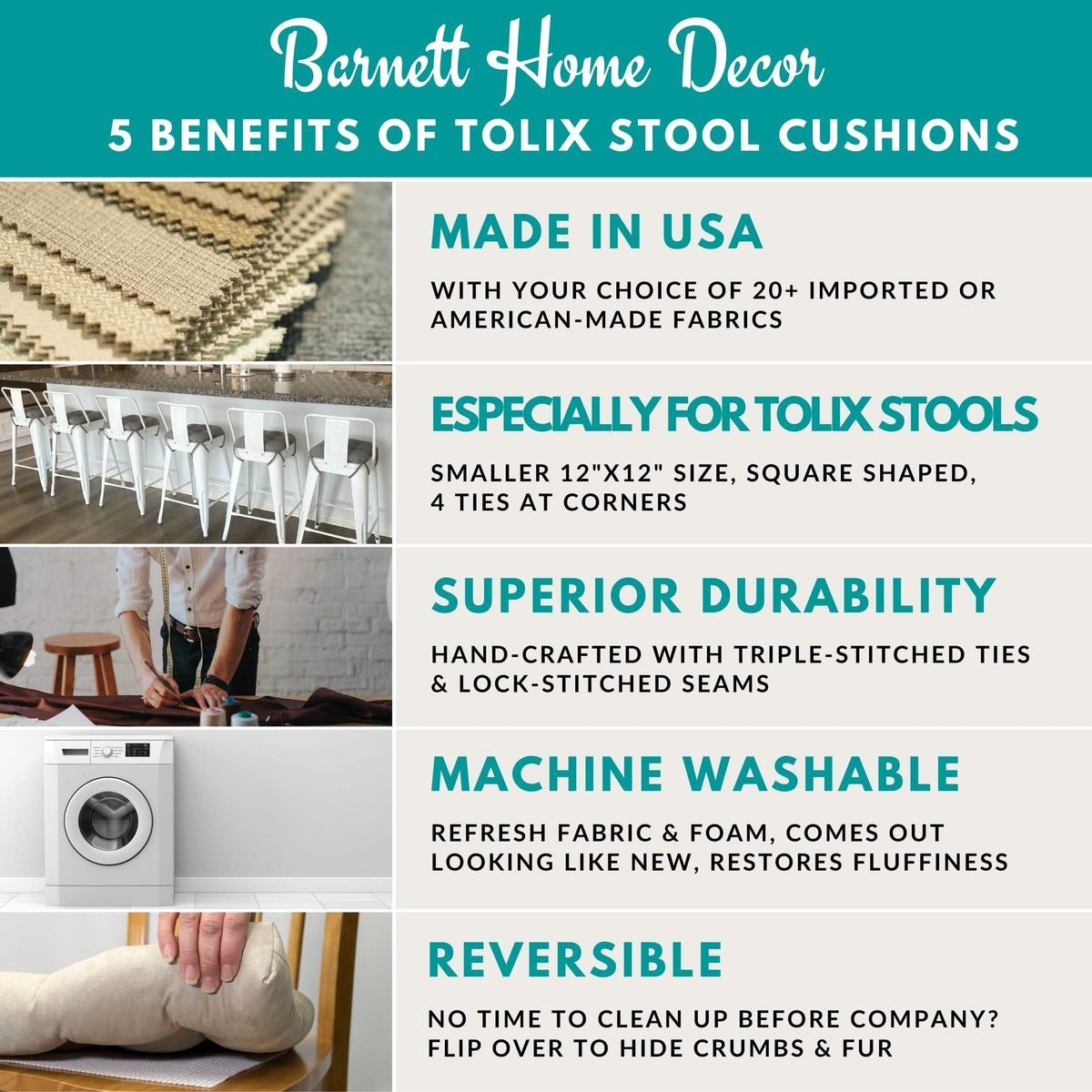 Barnett Home Decor Benefits of Tolix Stool Cushions, Made in USA, Made for Tolix Stools, Superior Durability, Machine Washable, Reversible