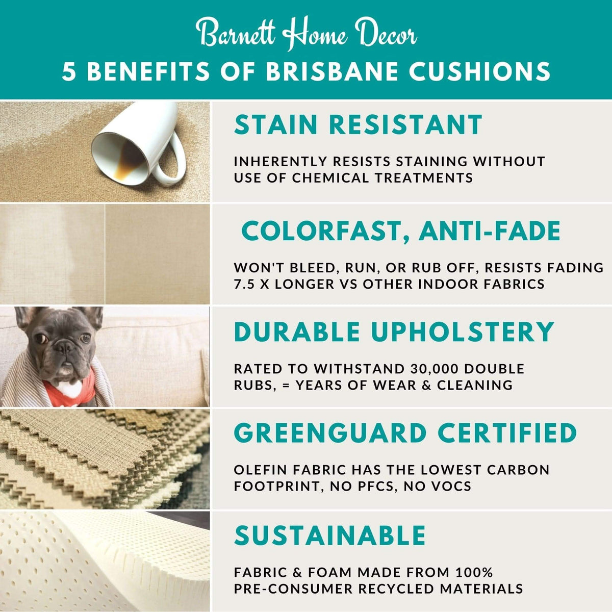 Barnett Home Decor Benefits of Brisbane Cushions Stain Resistant, Anti-Fade, Durable Upholstery, Greenguard Certified, Sustainable