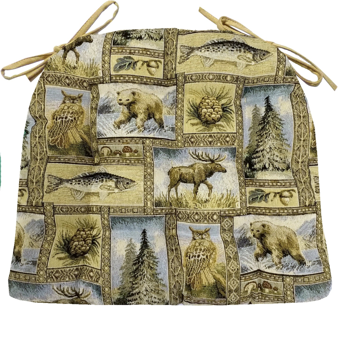 Wilderness Yuki Dining Chair Cushions - Barnett Home Decor - Green, Blue, & Brown Wilderness - Animals - Nature - Wildlife - Bears - Moose - Deer - Rustic - Hunting - Fishing - Cabin