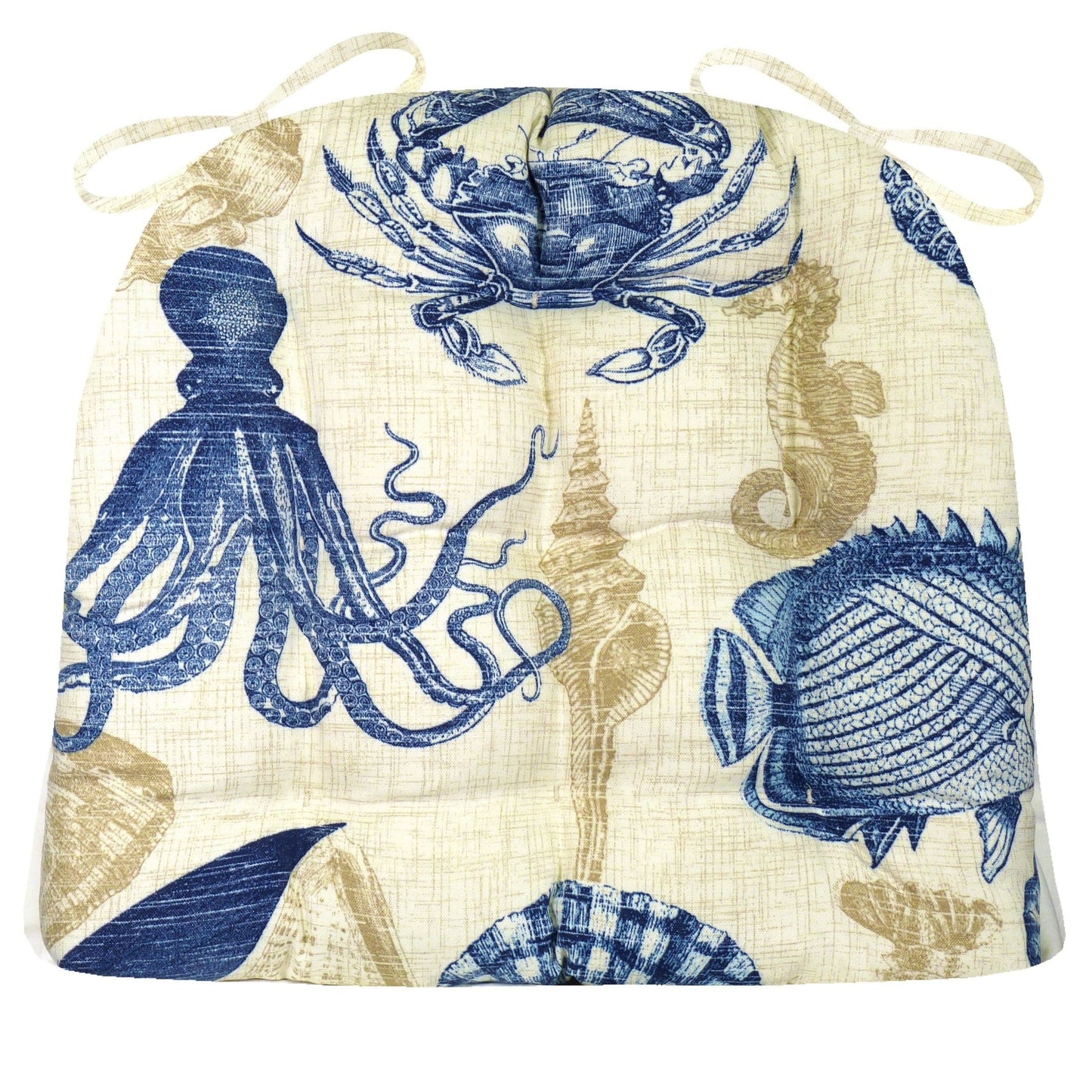 Sea Life Indoor / Outdoor Dining Chair Pads - Navy Blue and Brown - Aquatic - Oceanic - Coastal - New England - Fish - Crabs - Octopus