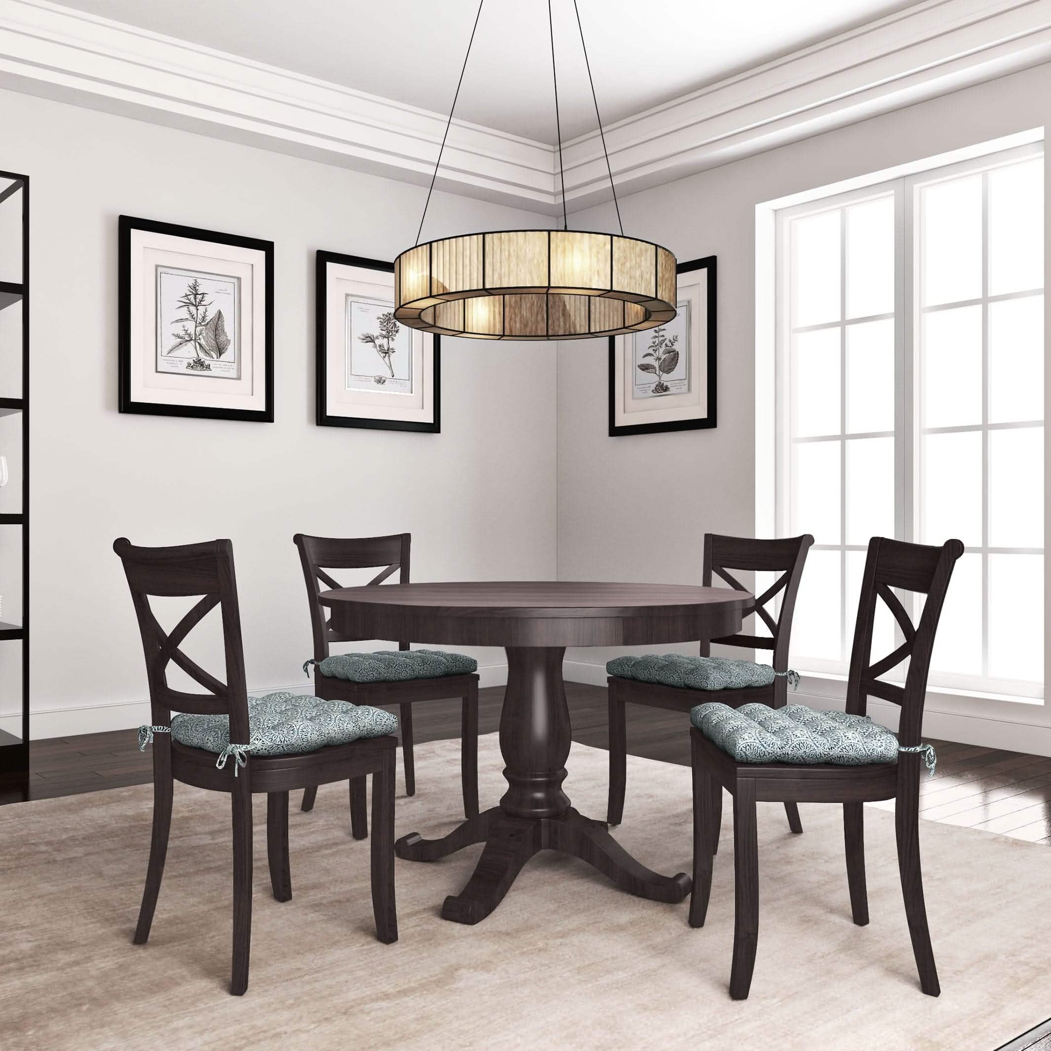 Navy blue dining chair cushions with mandala pattern styled on formal wooden dining chairs in traditional dining room