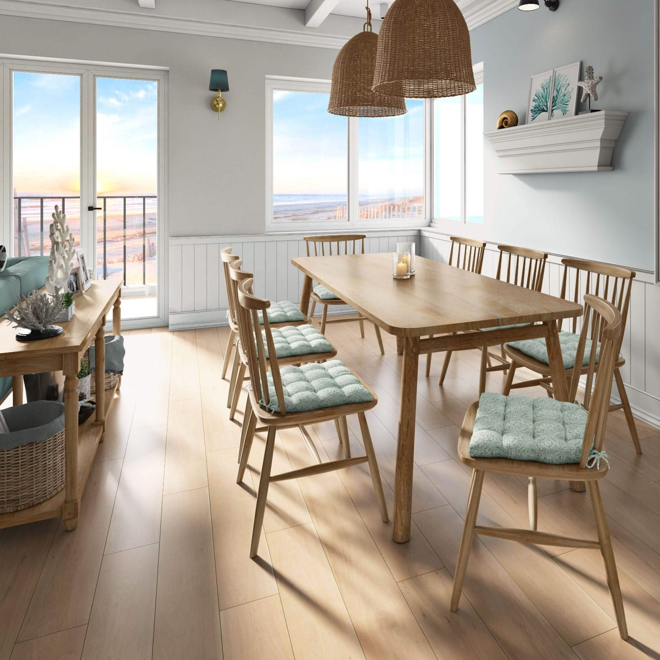 Tibet Spa dining chair pad displayed on chair, showcasing the comfortable fit and elegant aqua spa design